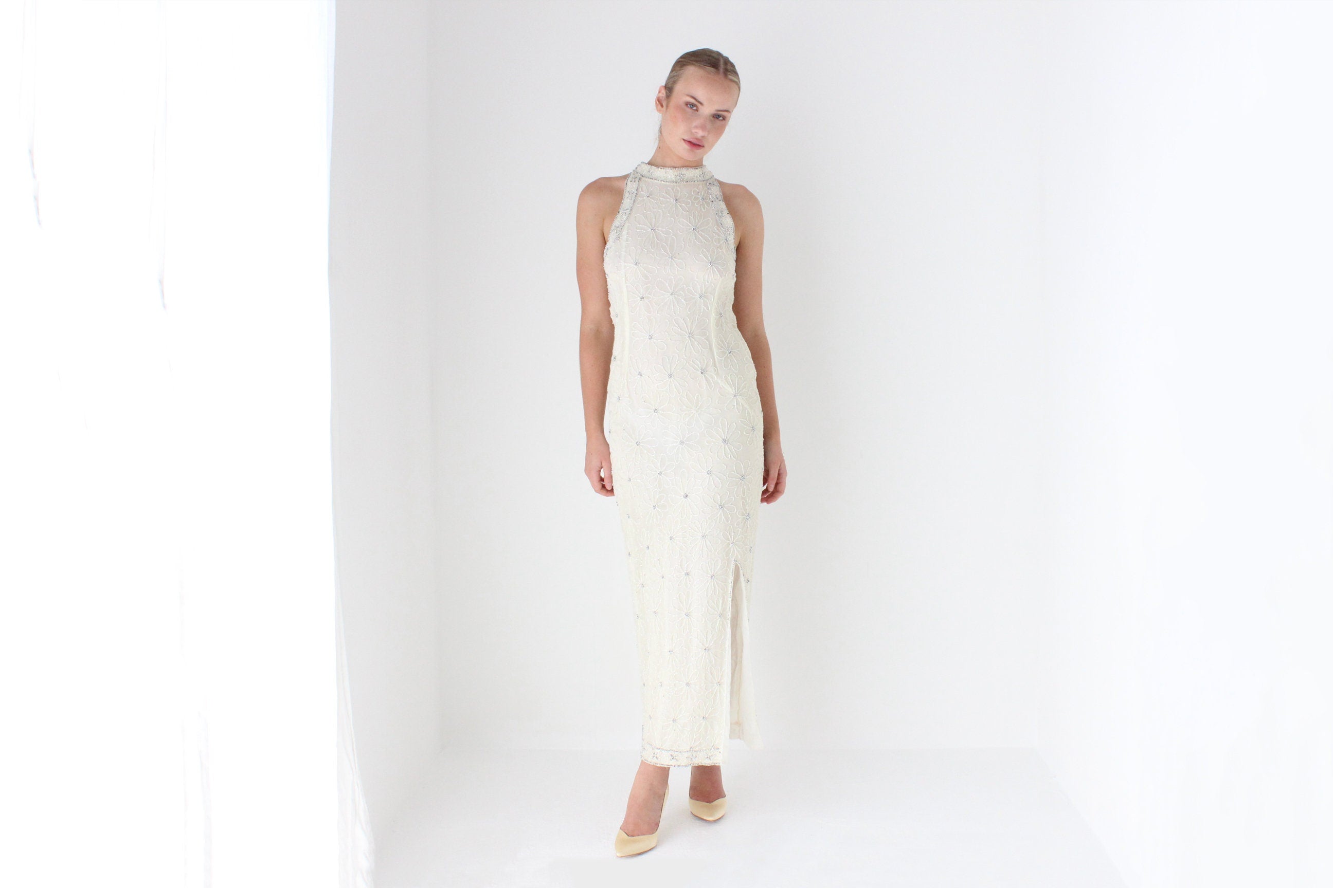 1980s Sequin Flower High Neck Disco Bridal Gown