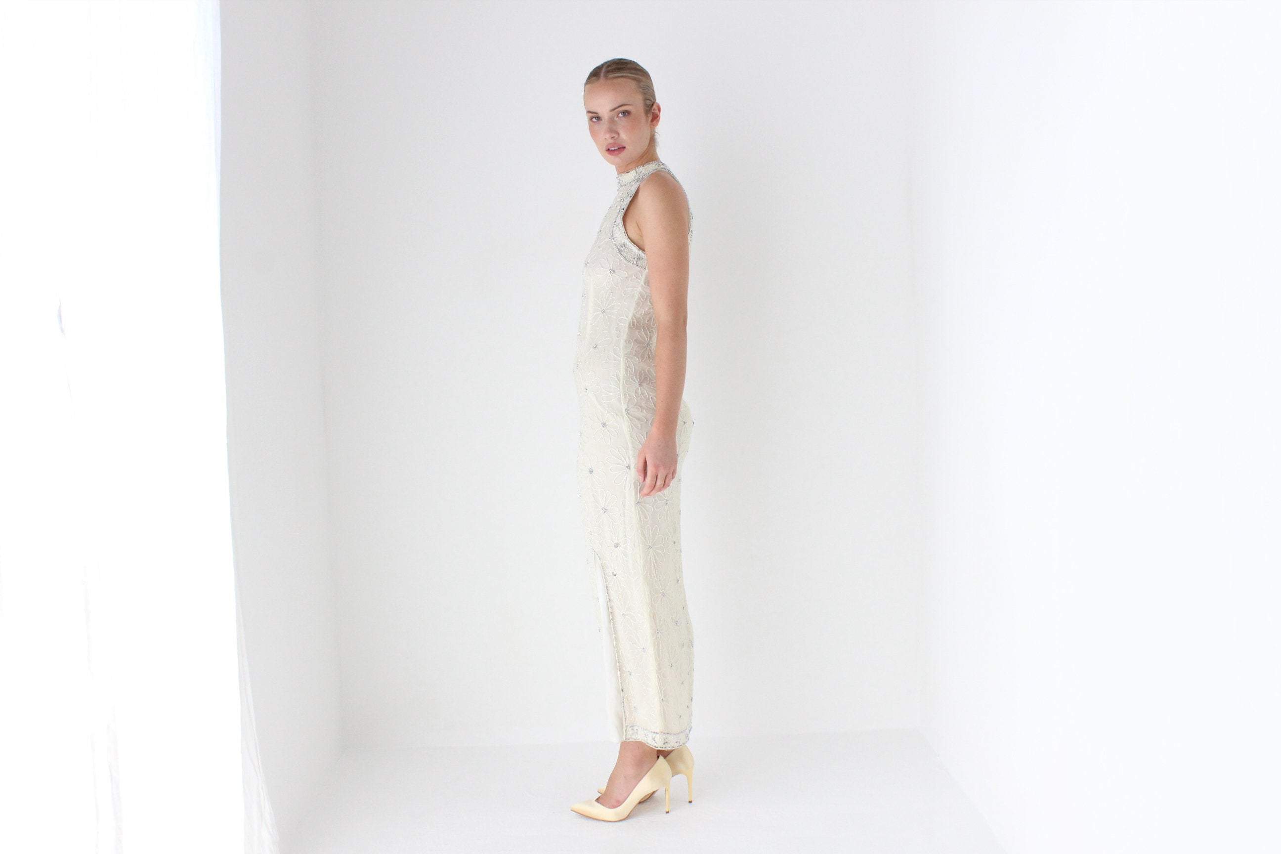 1980s Sequin Flower High Neck Disco Bridal Gown