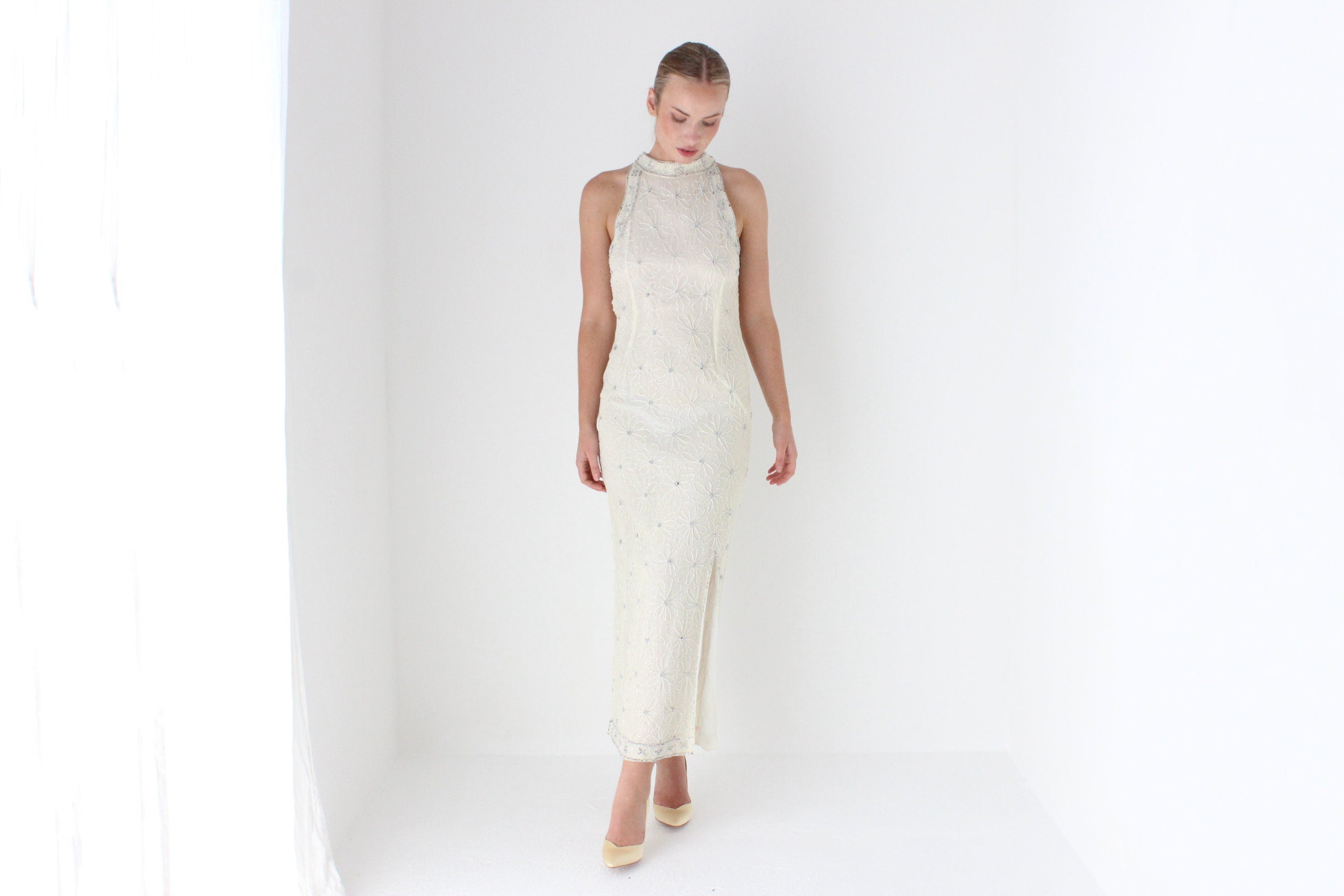 1980s Sequin Flower High Neck Disco Bridal Gown