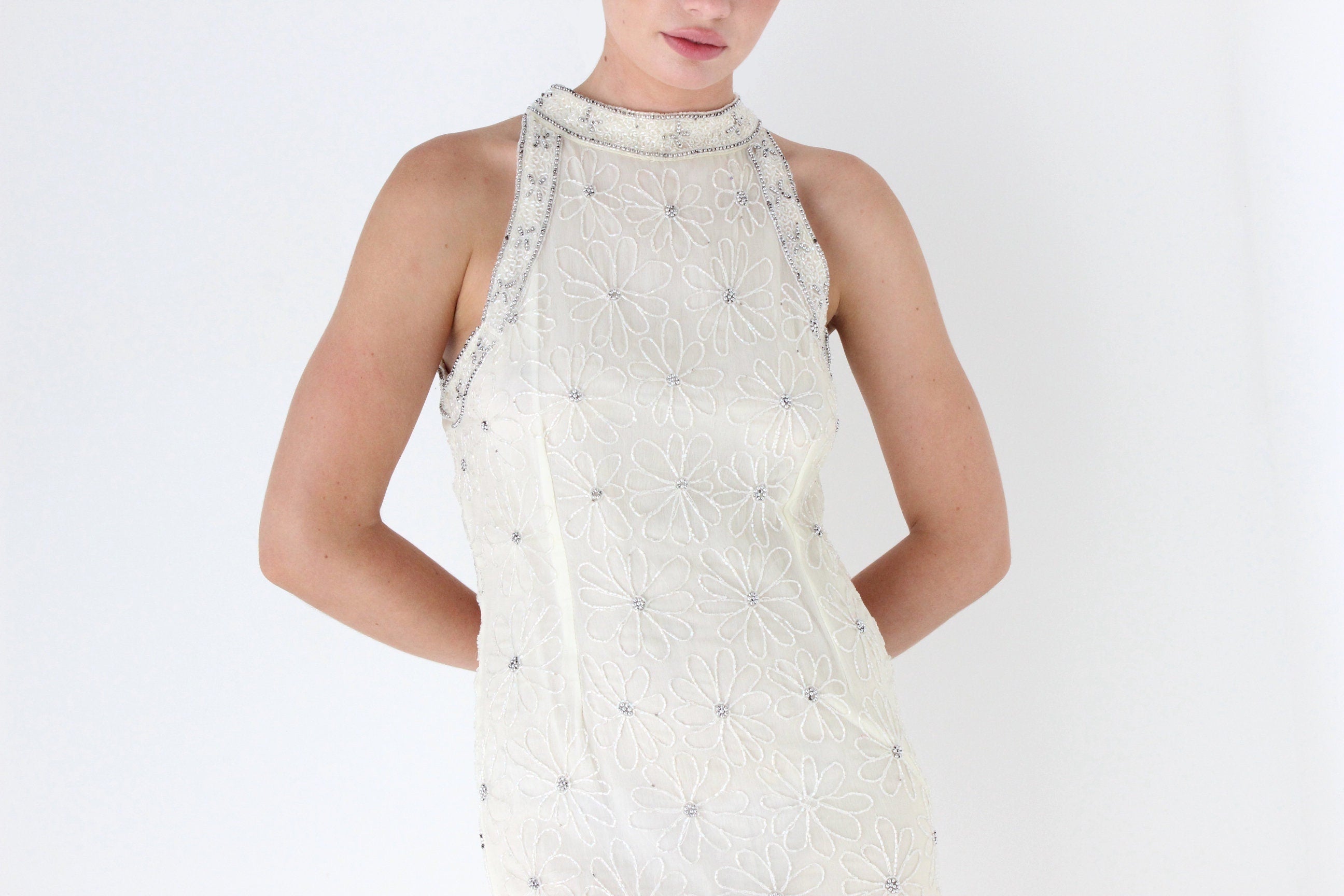 1980s Sequin Flower High Neck Disco Bridal Gown