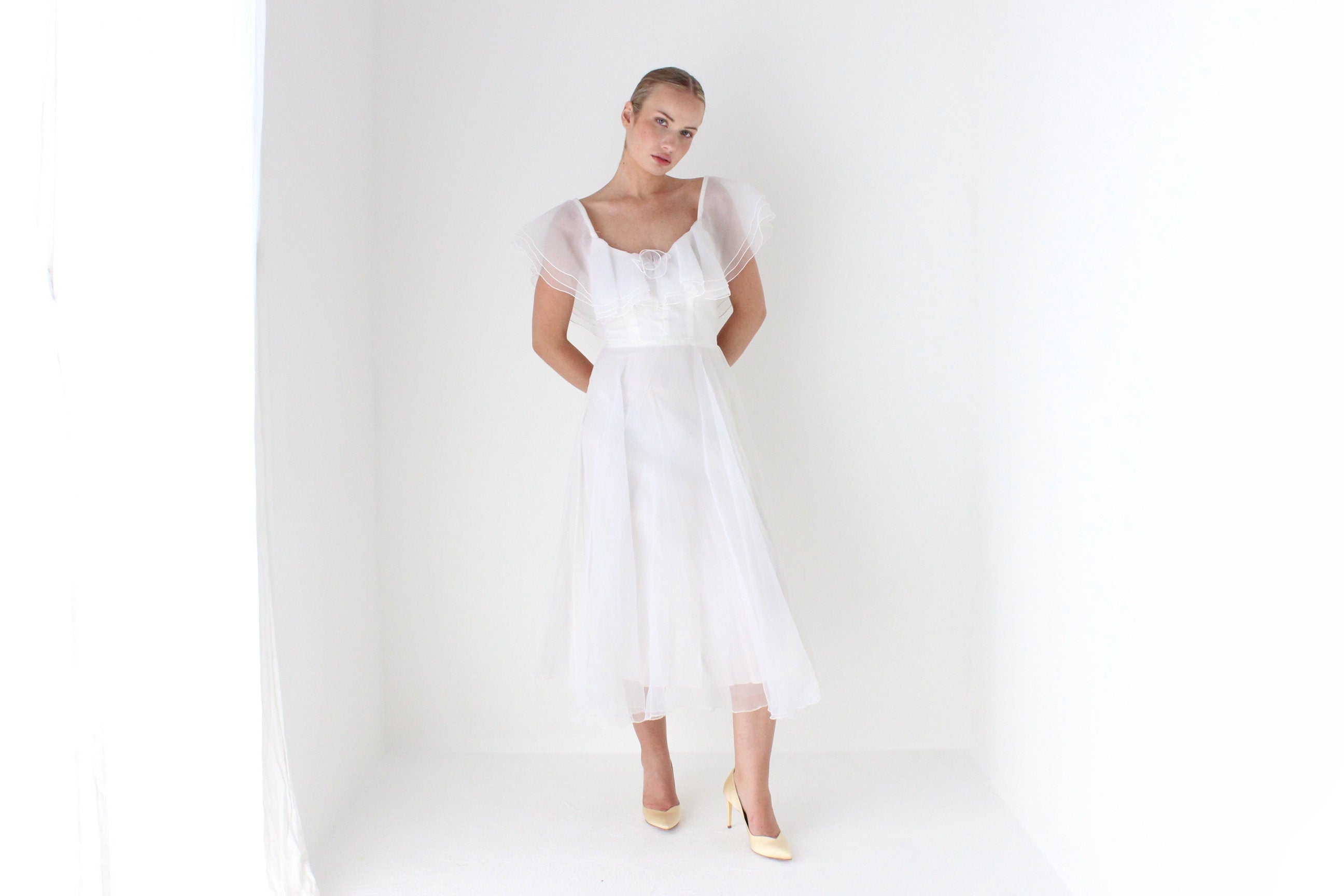 1970s Layered Ivory Organza Ruffle Cocktail Dress