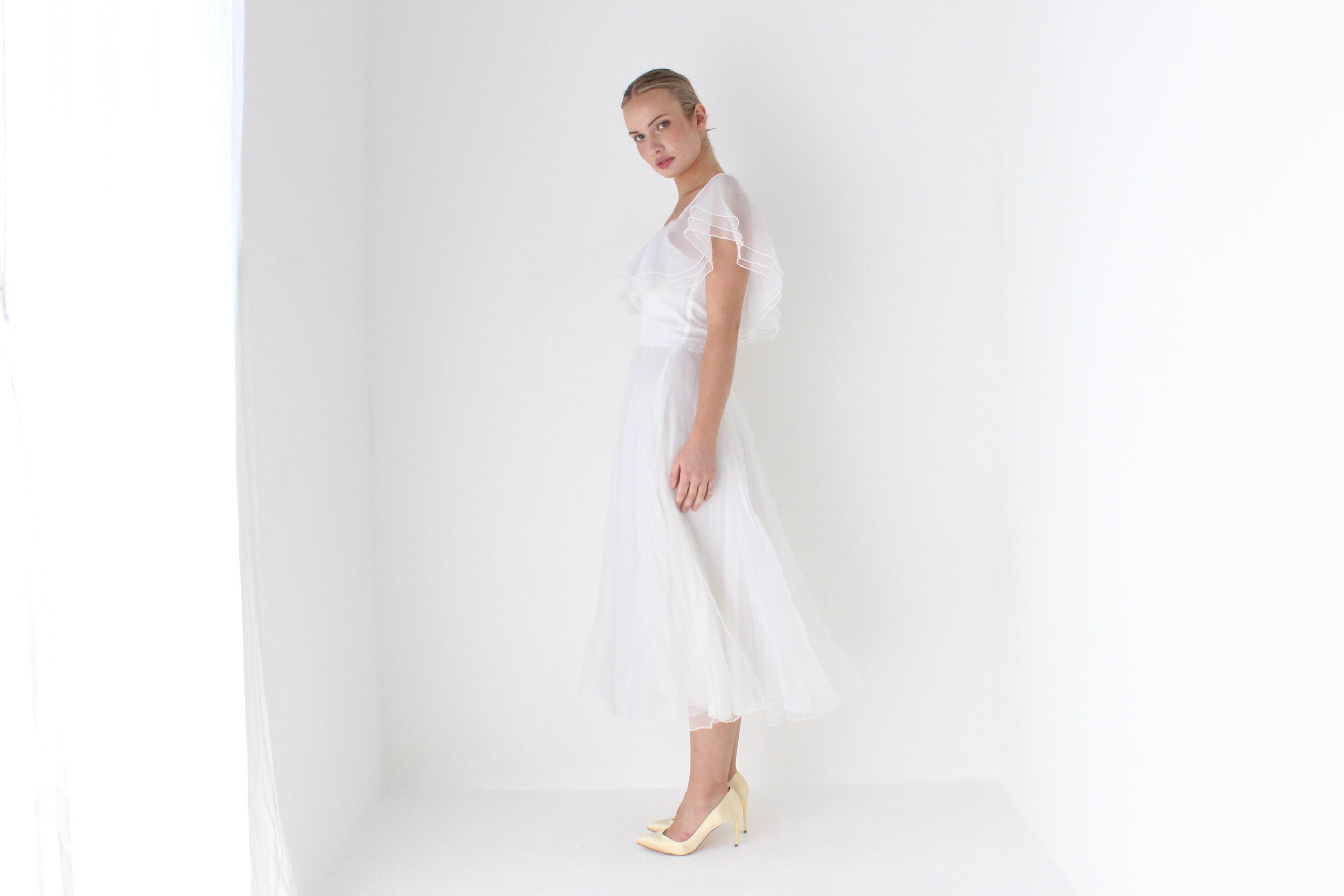 1970s Layered Ivory Organza Ruffle Cocktail Dress