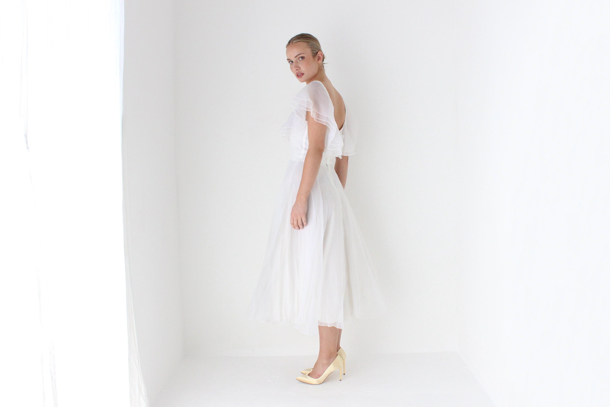 1970s Layered Ivory Organza Ruffle Cocktail Dress