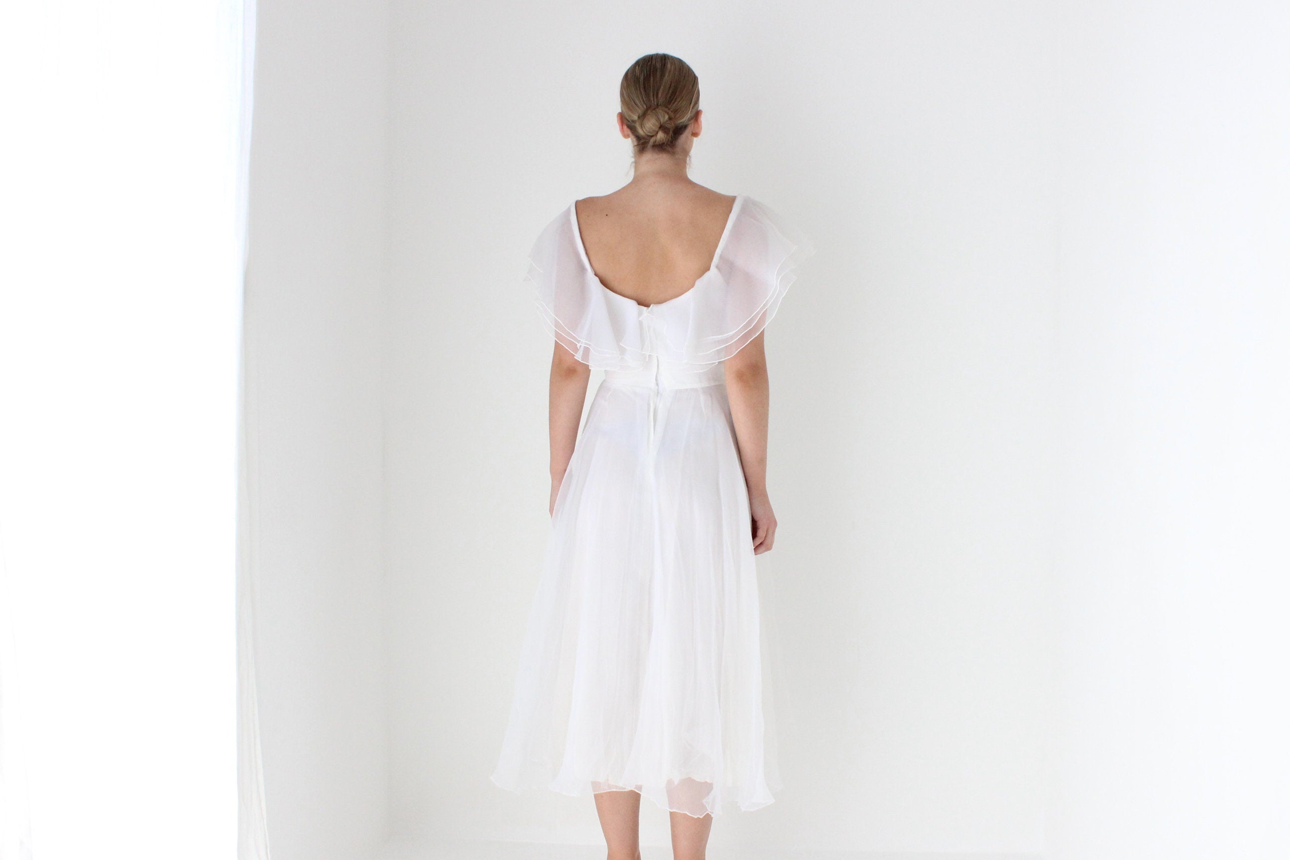 1970s Layered Ivory Organza Ruffle Cocktail Dress