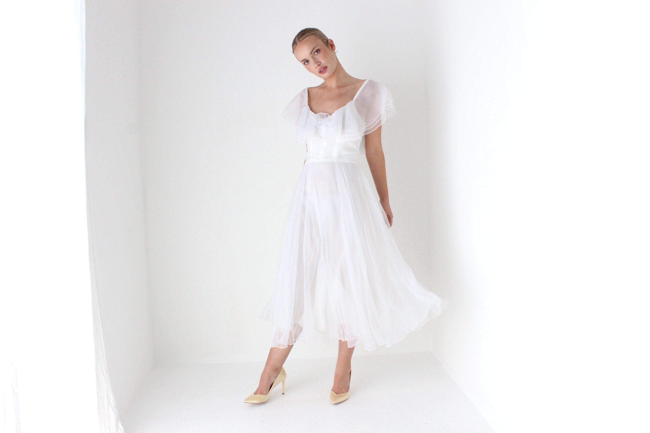 1970s Layered Ivory Organza Ruffle Cocktail Dress