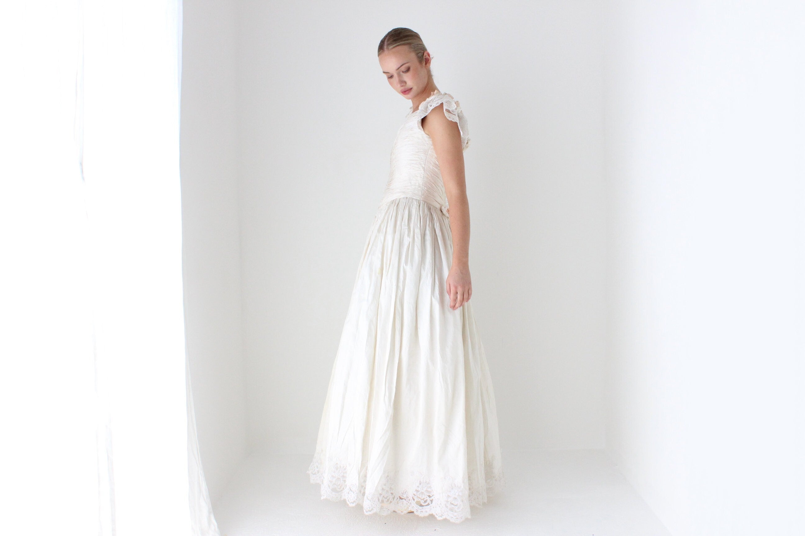 1980s Textural Raw Silk Wedding Gown w/ Rosettes