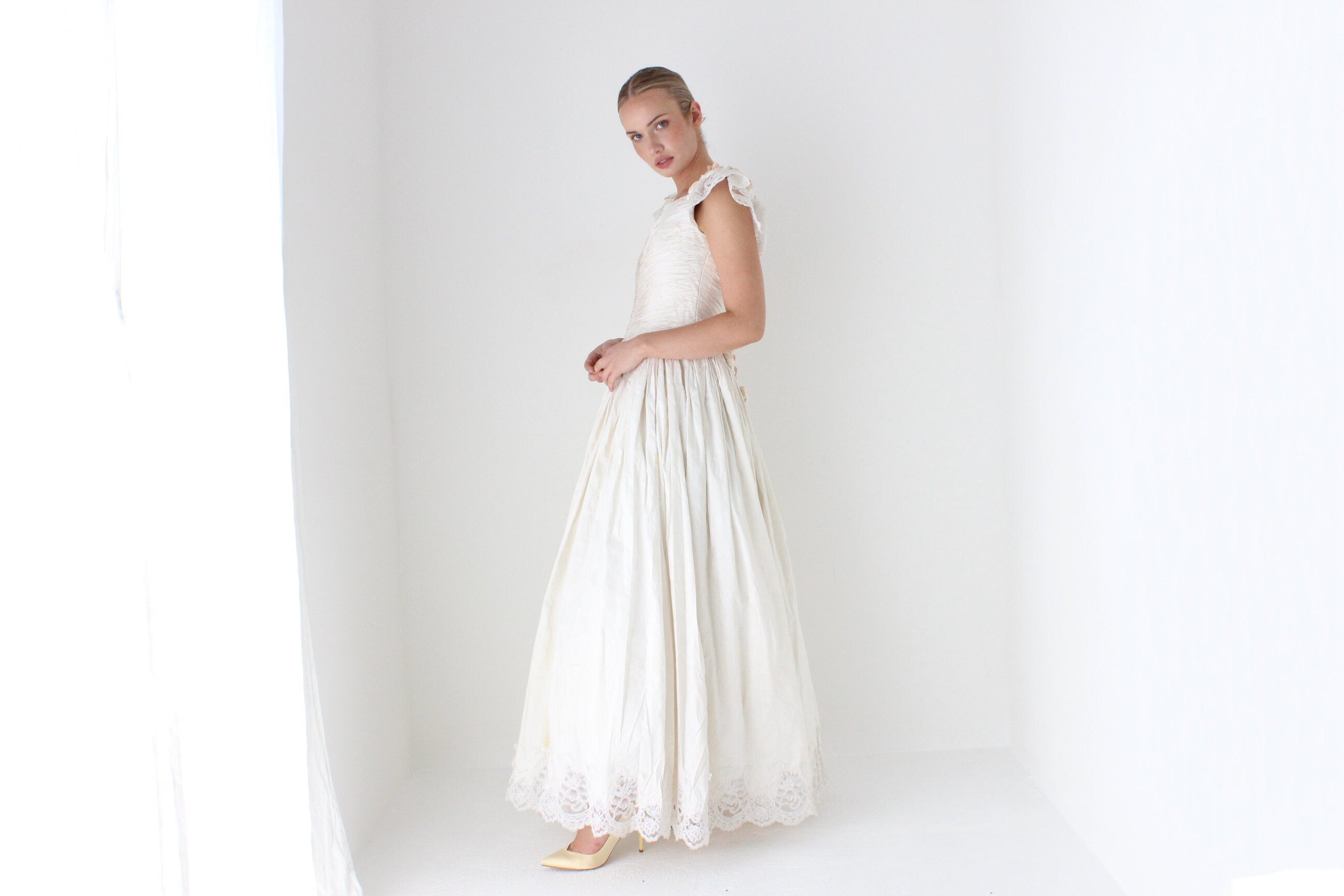 1980s Textural Raw Silk Wedding Gown w/ Rosettes