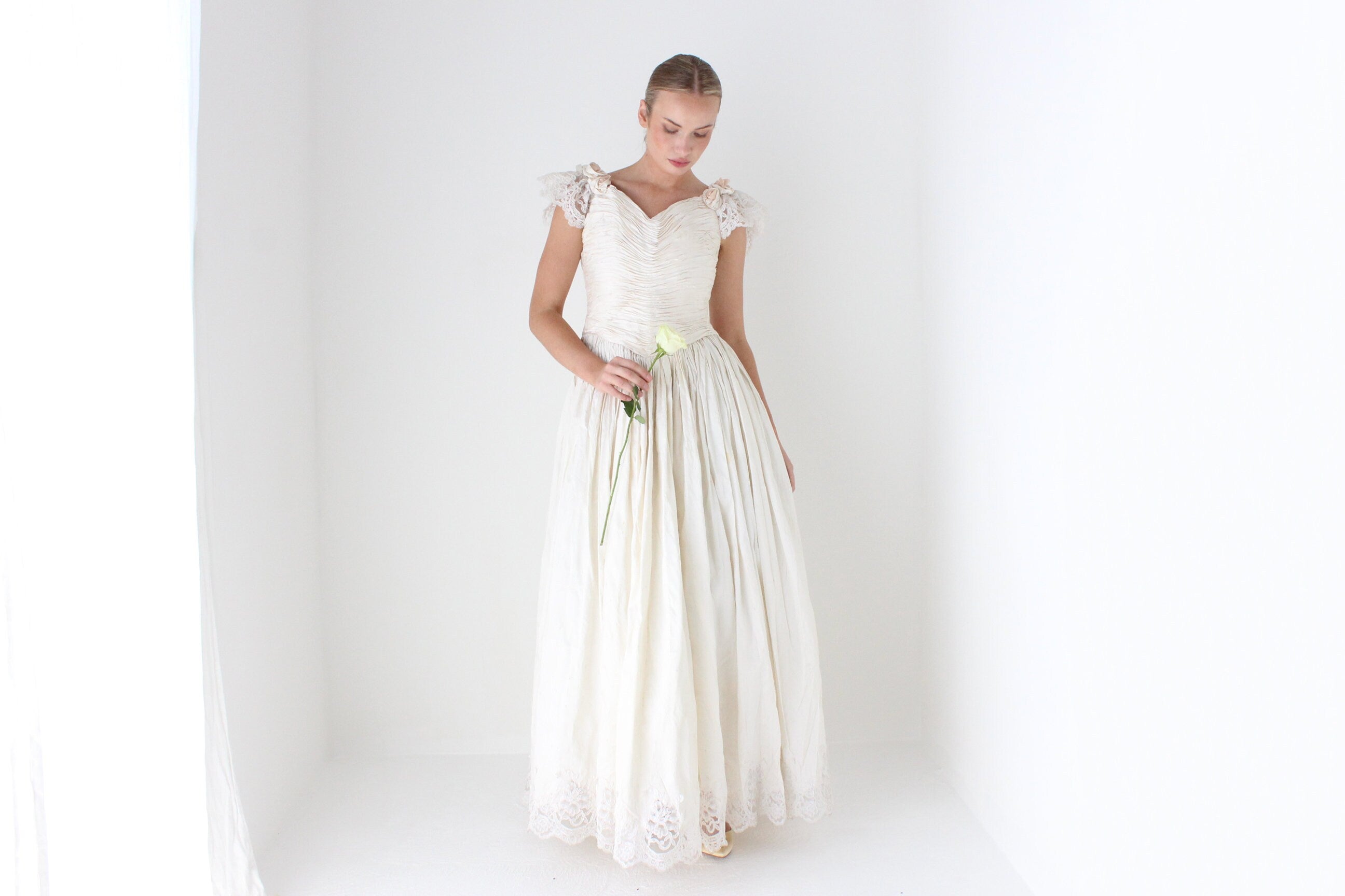 1980s Textural Raw Silk Wedding Gown w/ Rosettes