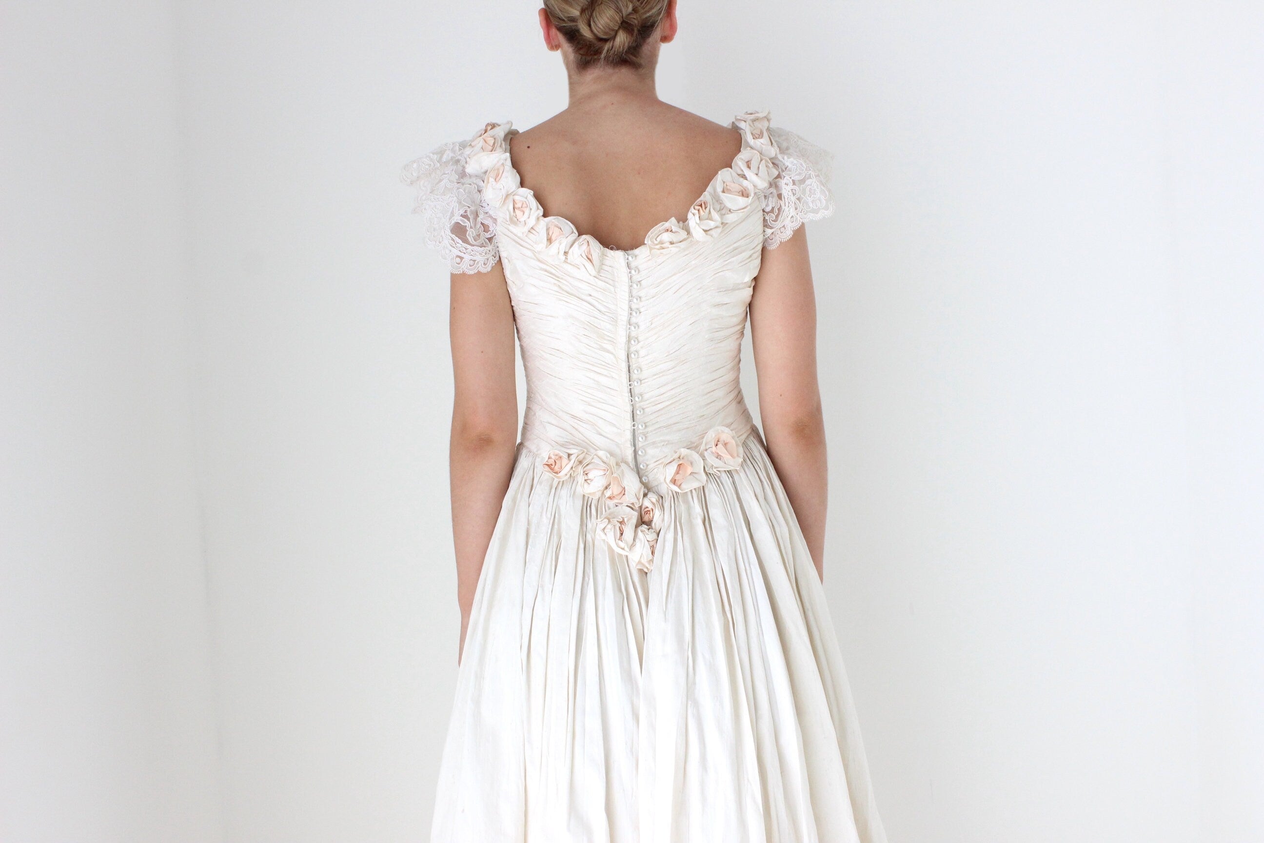 1980s Textural Raw Silk Wedding Gown w/ Rosettes