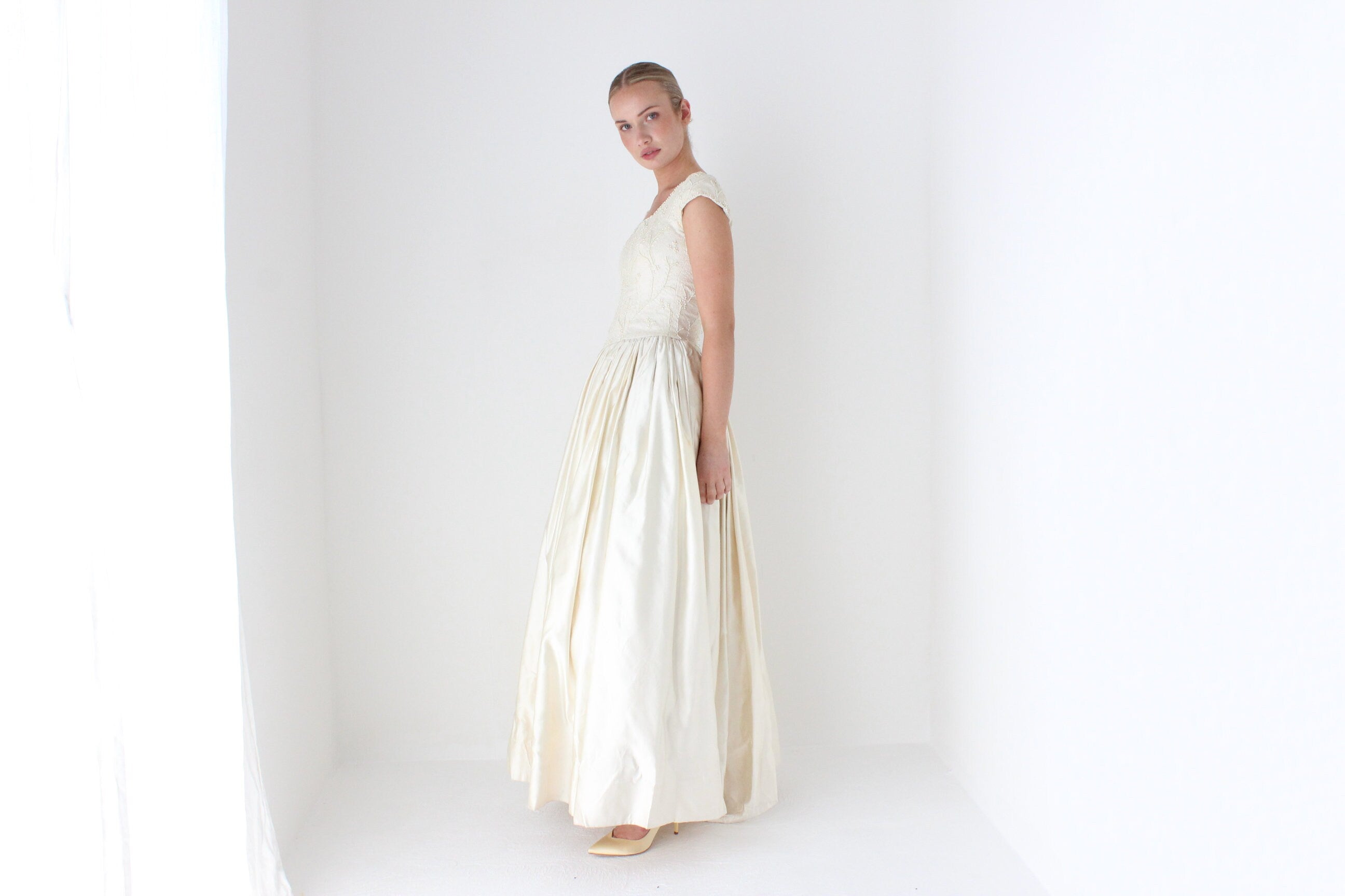 1990s Bespoke Romantic Pearl Bodice & Silk Satin Wedding Gown