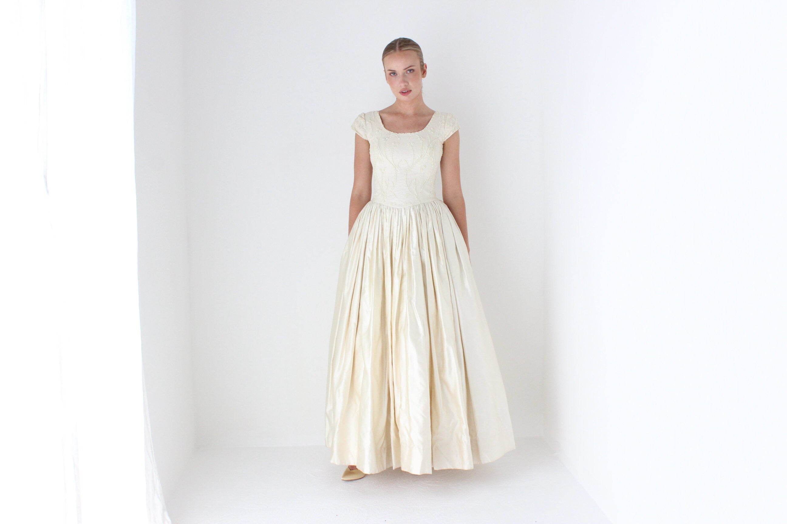 1990s Bespoke Romantic Pearl Bodice & Silk Satin Wedding Gown