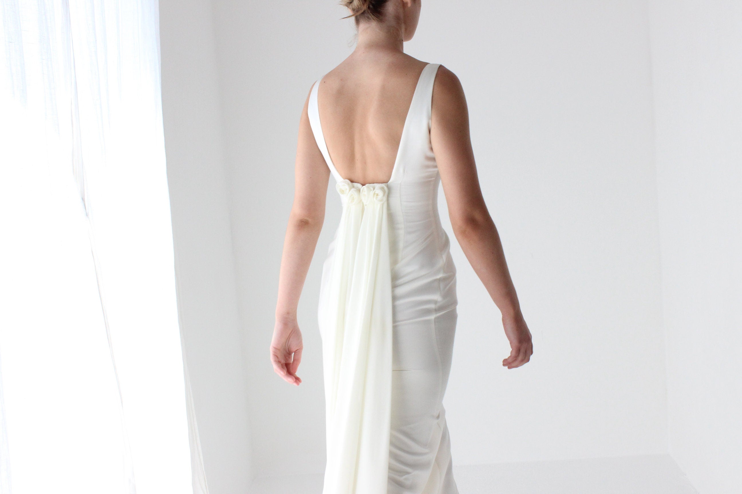 1990s Fitted Satin Wedding Gown w/ Rosettes & Train
