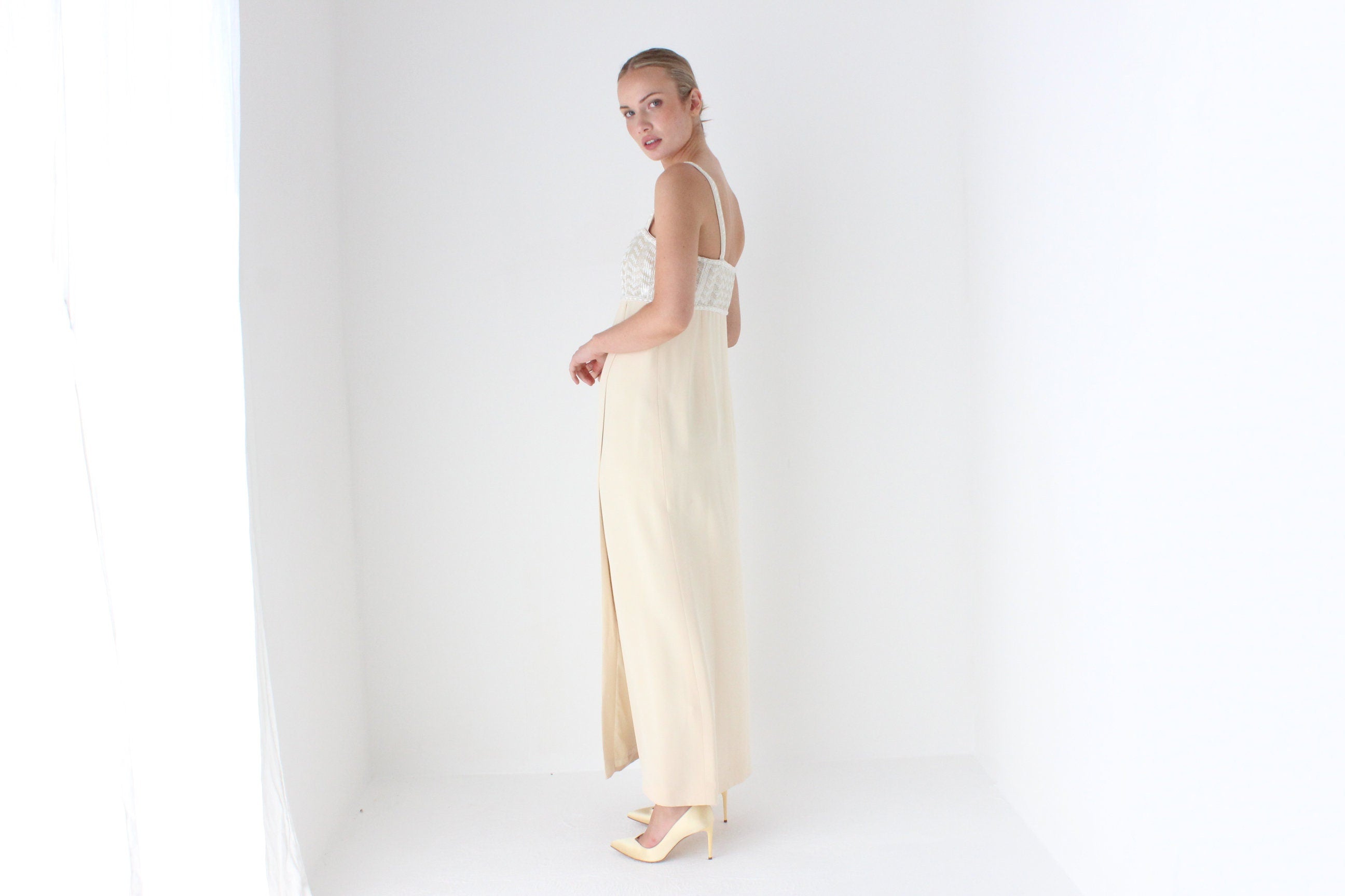 1980s ESCADA COUTURE Beaded Empire Waist Column Gown