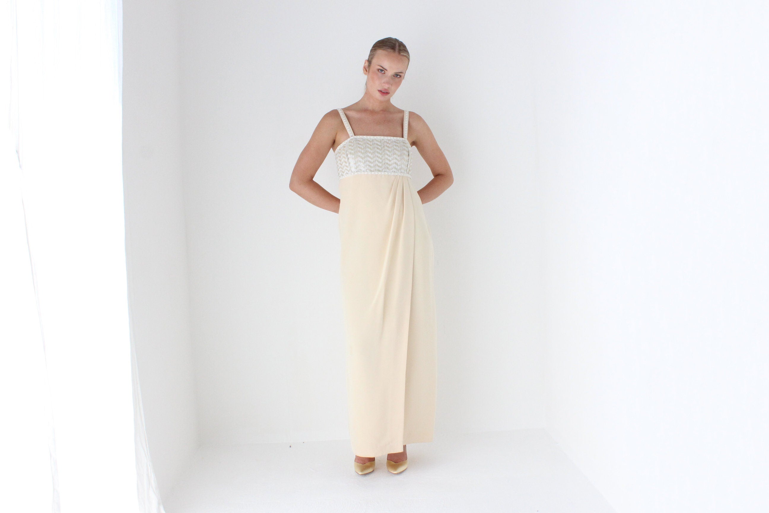 1980s ESCADA COUTURE Beaded Empire Waist Column Gown