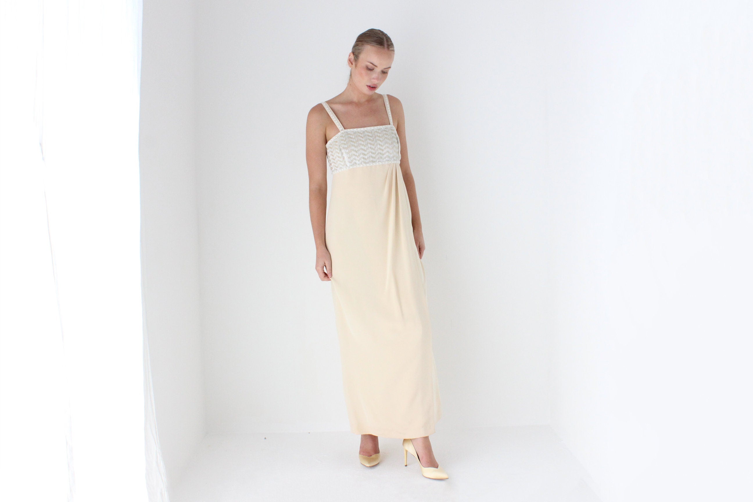 1980s ESCADA COUTURE Beaded Empire Waist Column Gown
