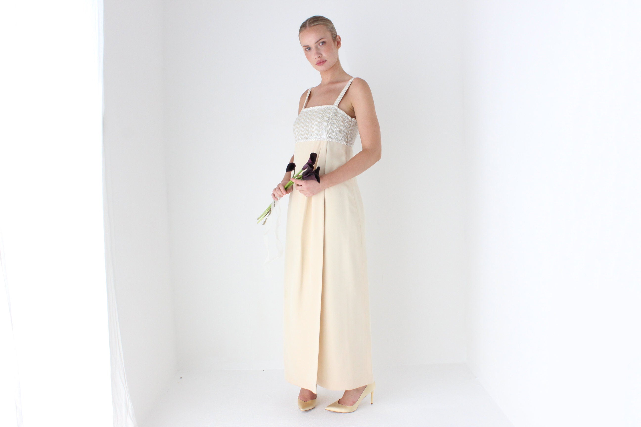 1980s ESCADA COUTURE Beaded Empire Waist Column Gown