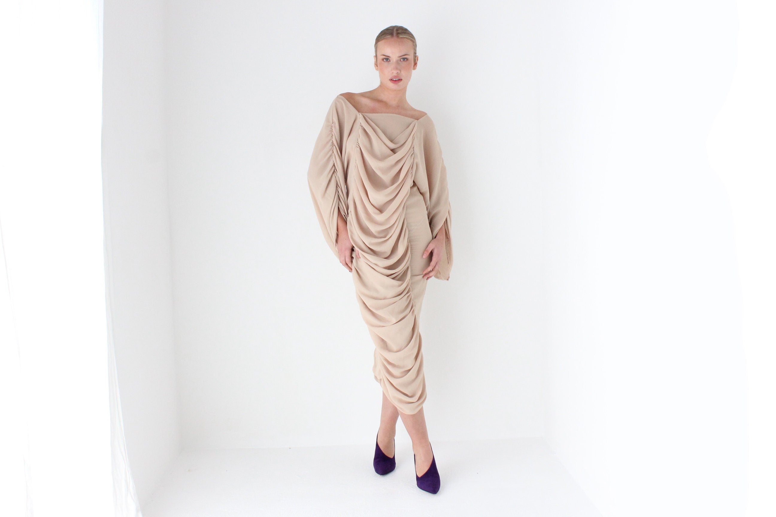 Outrageous 1980s Ruched Textured Batwing Dress