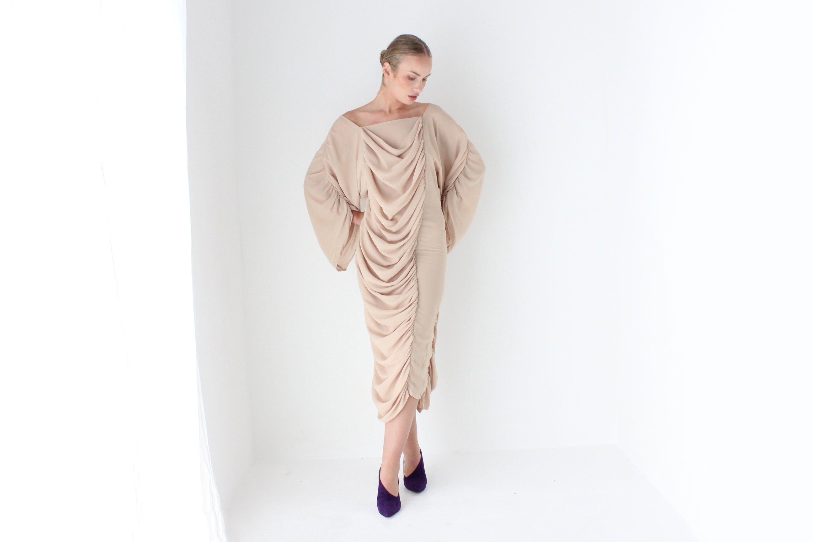 Outrageous 1980s Ruched Textured Batwing Dress