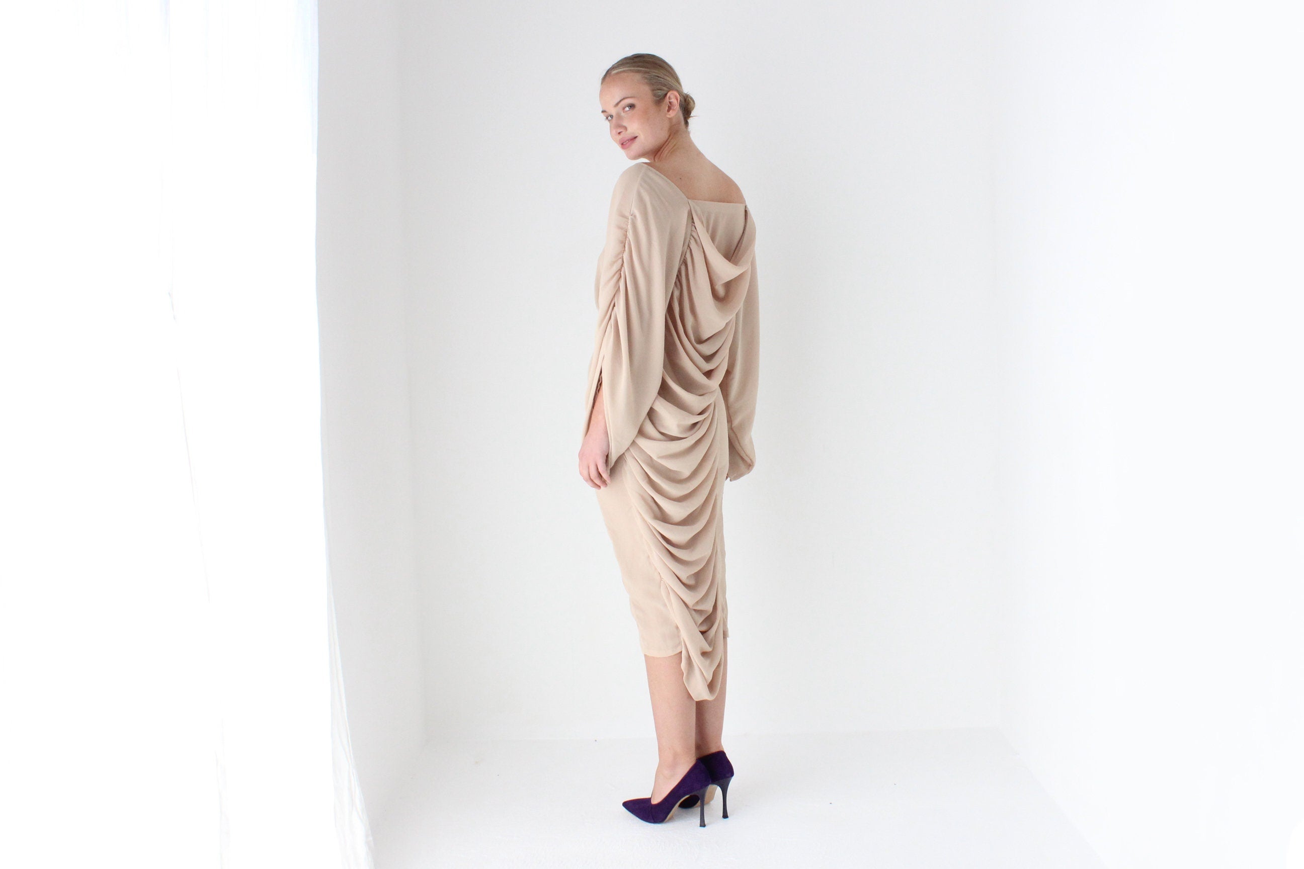 Outrageous 1980s Ruched Textured Batwing Dress