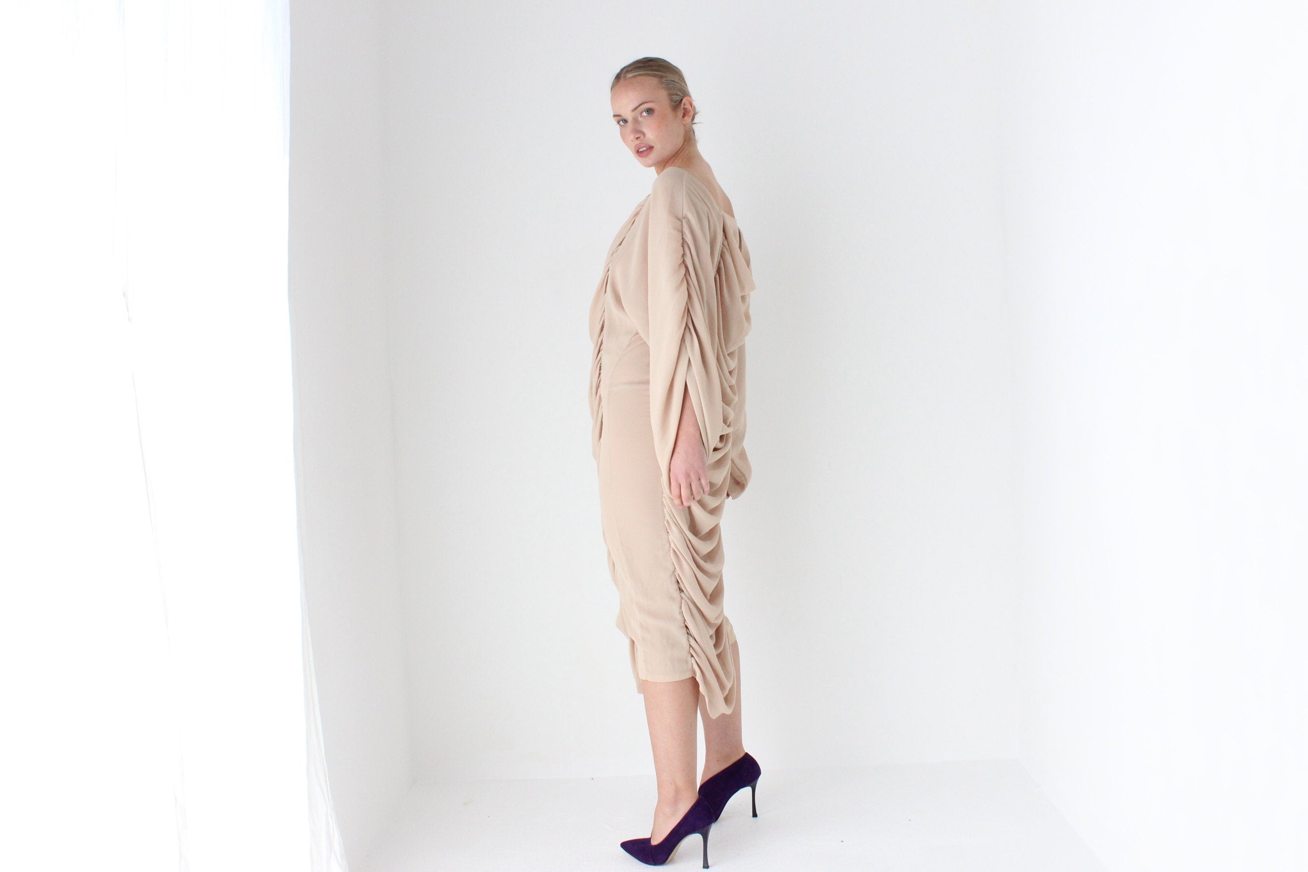 Outrageous 1980s Ruched Textured Batwing Dress
