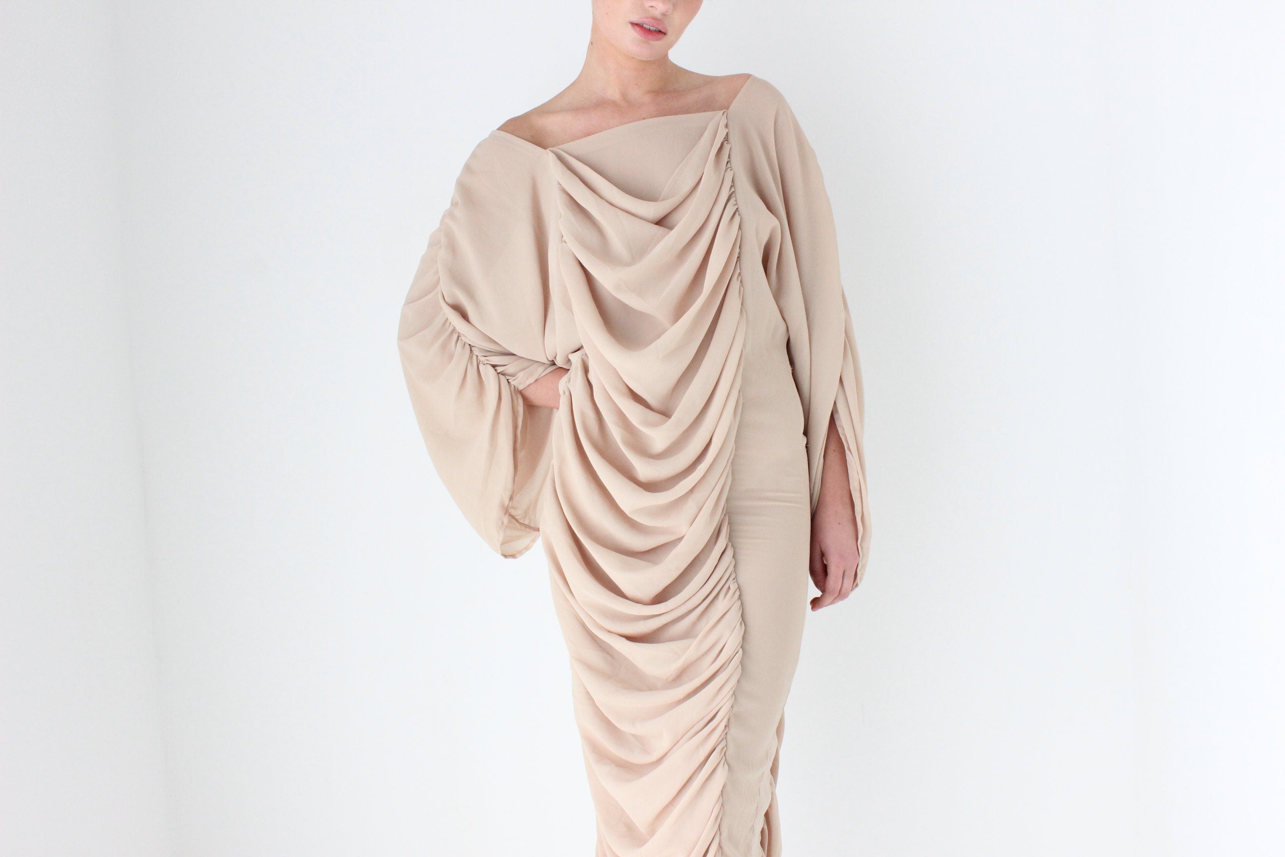 Outrageous 1980s Ruched Textured Batwing Dress