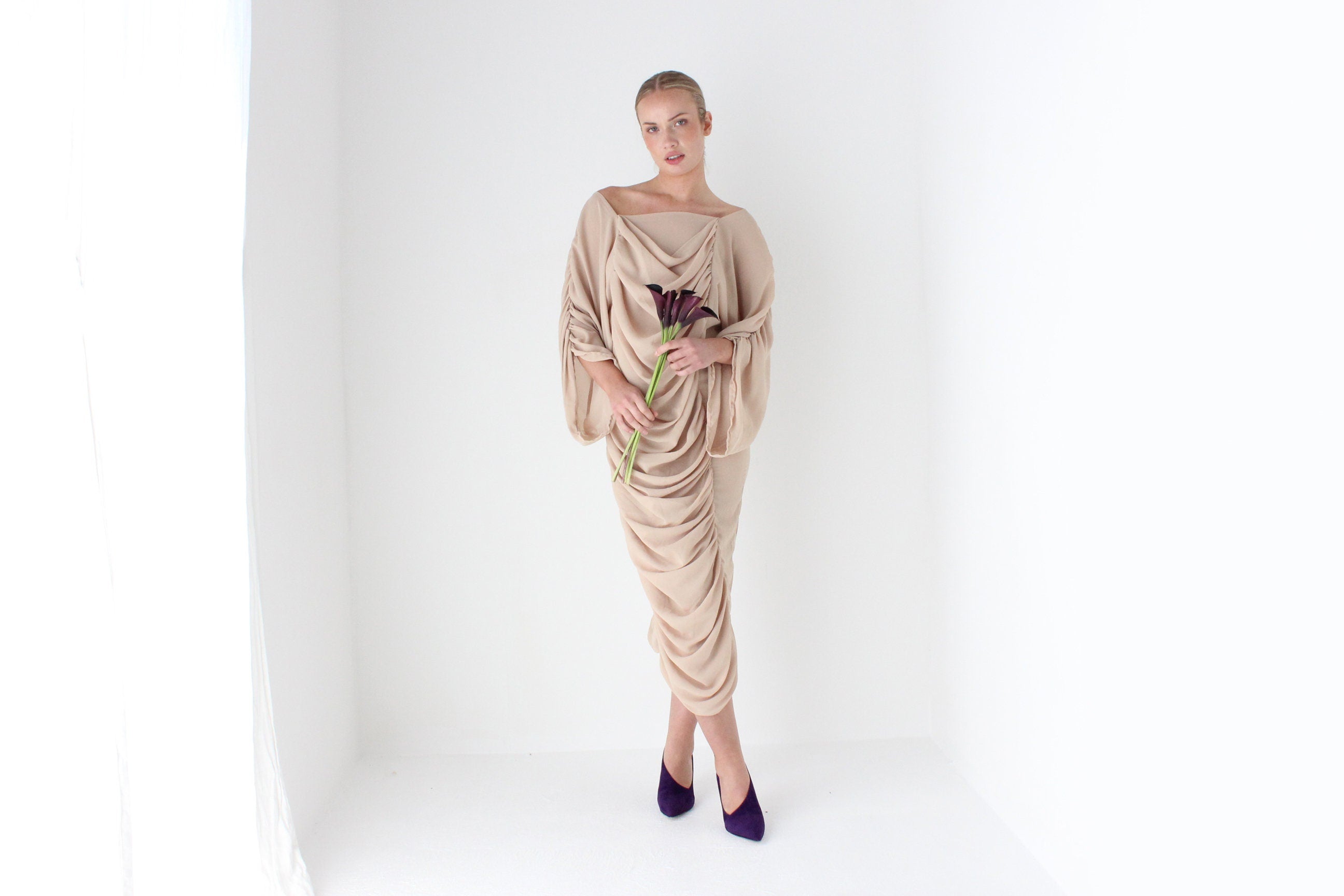 Outrageous 1980s Ruched Textured Batwing Dress