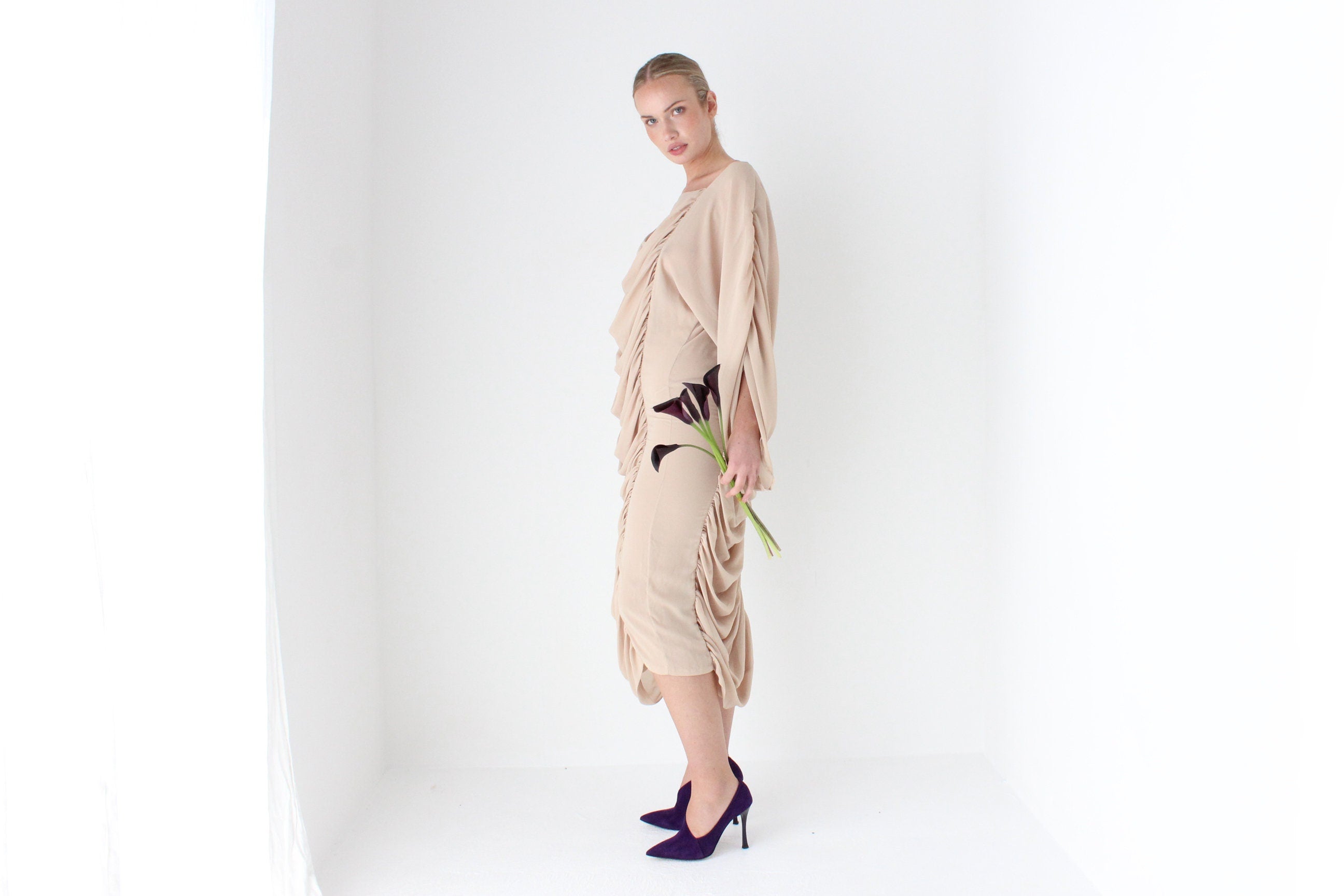 Outrageous 1980s Ruched Textured Batwing Dress