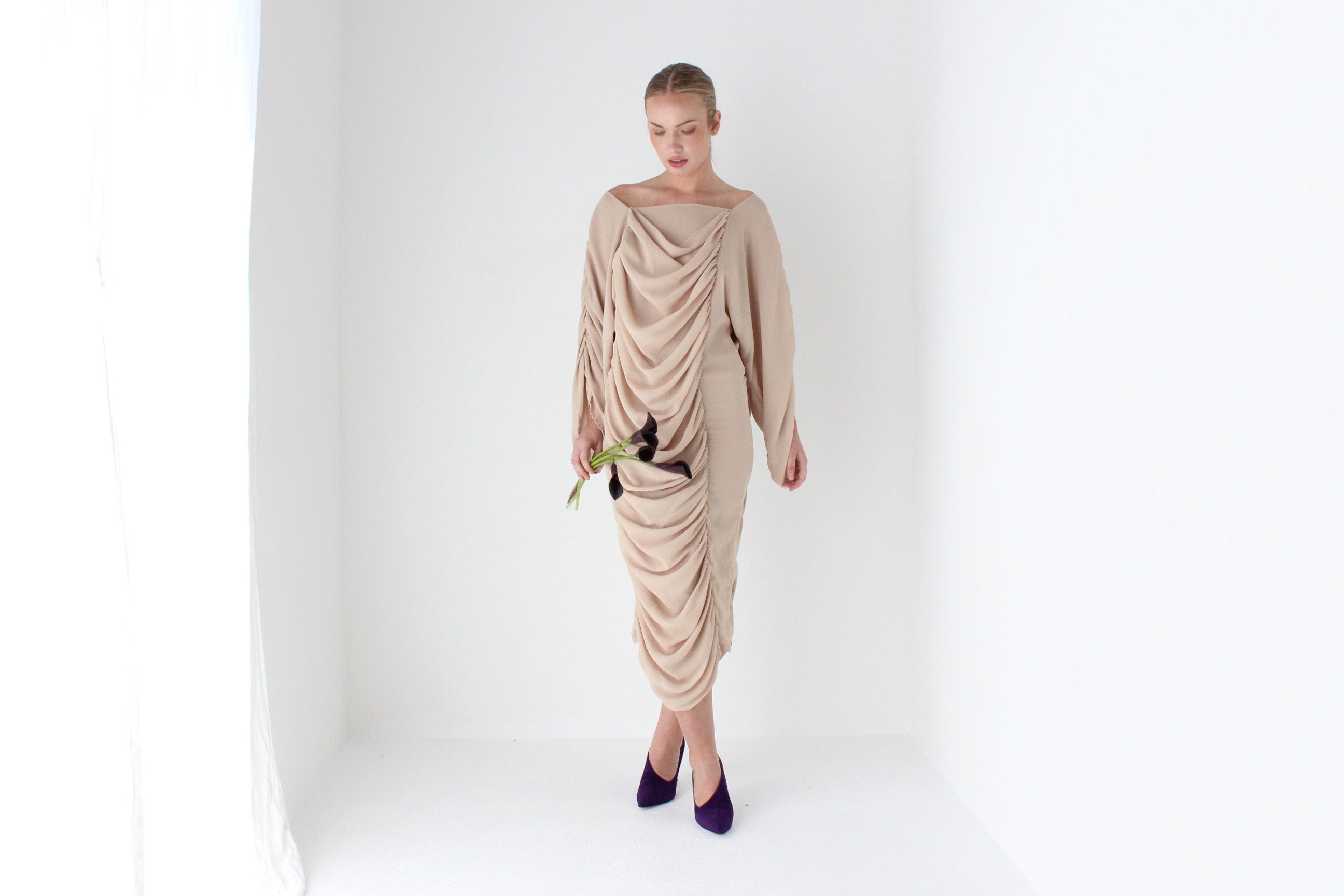 Outrageous 1980s Ruched Textured Batwing Dress
