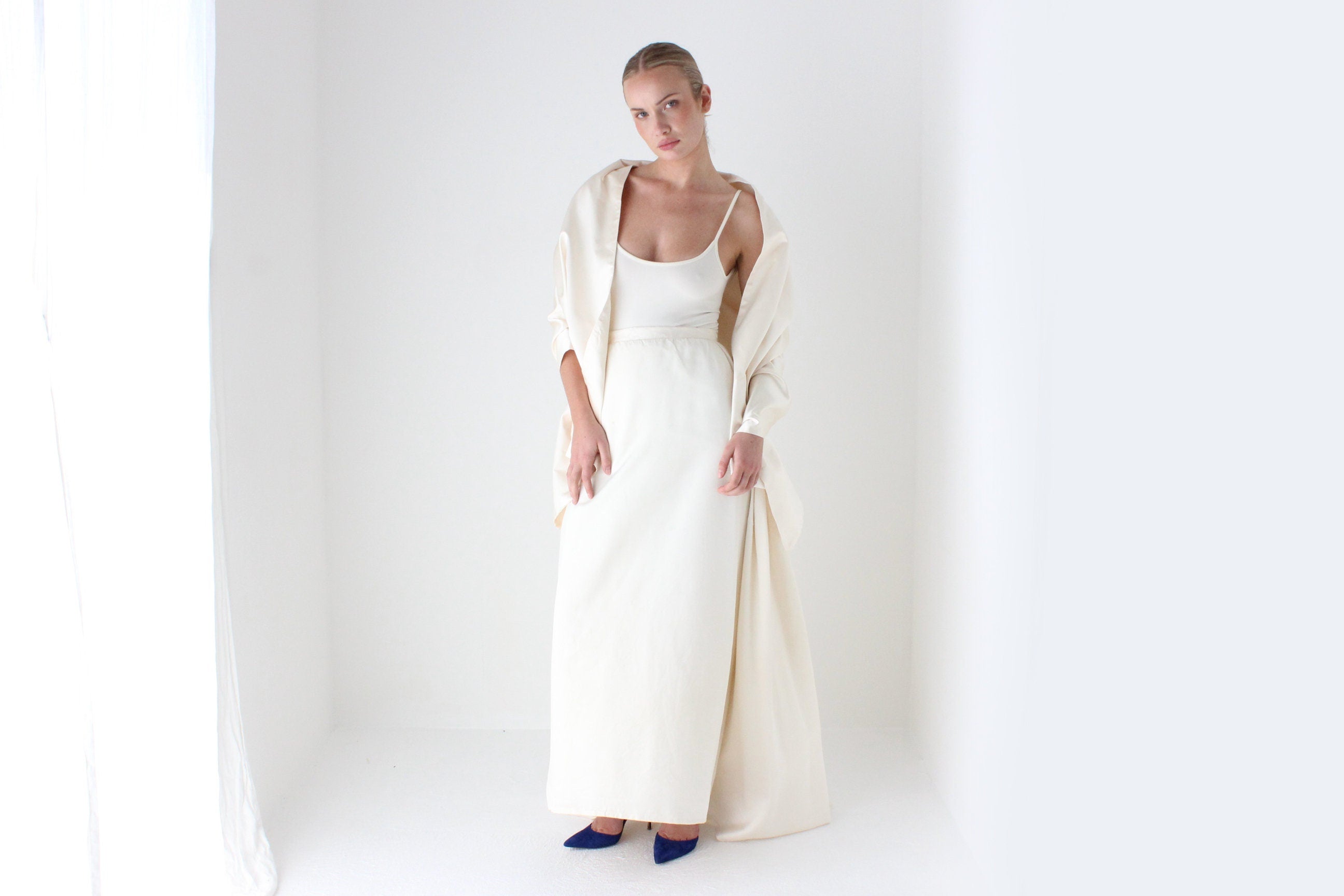 1990s Cream Silk Bridal Skirt & Shawl Set