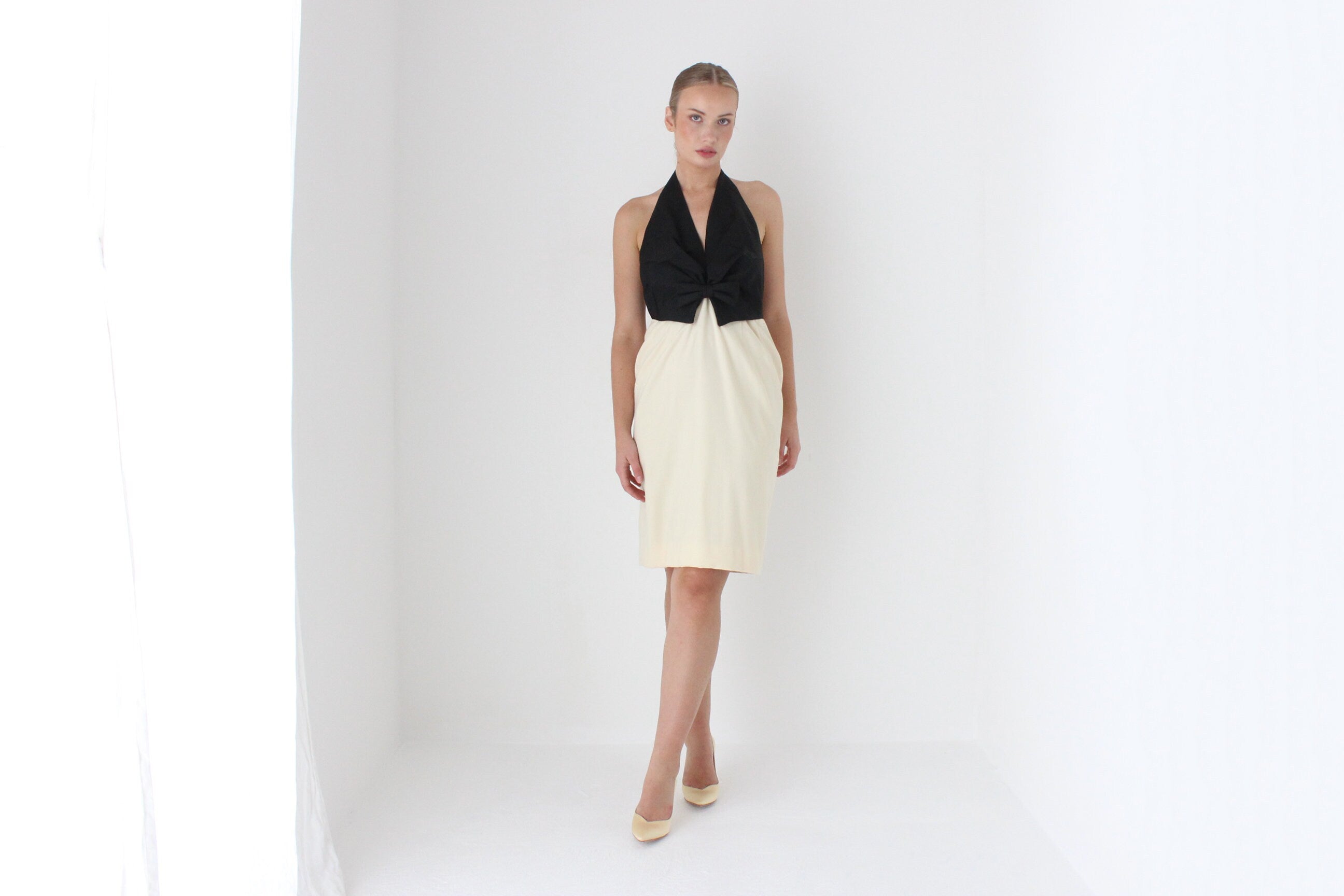 1980s BILL BLASS Silk Taffeta & Cream Wool Backless Tuxedo Cocktail Dress