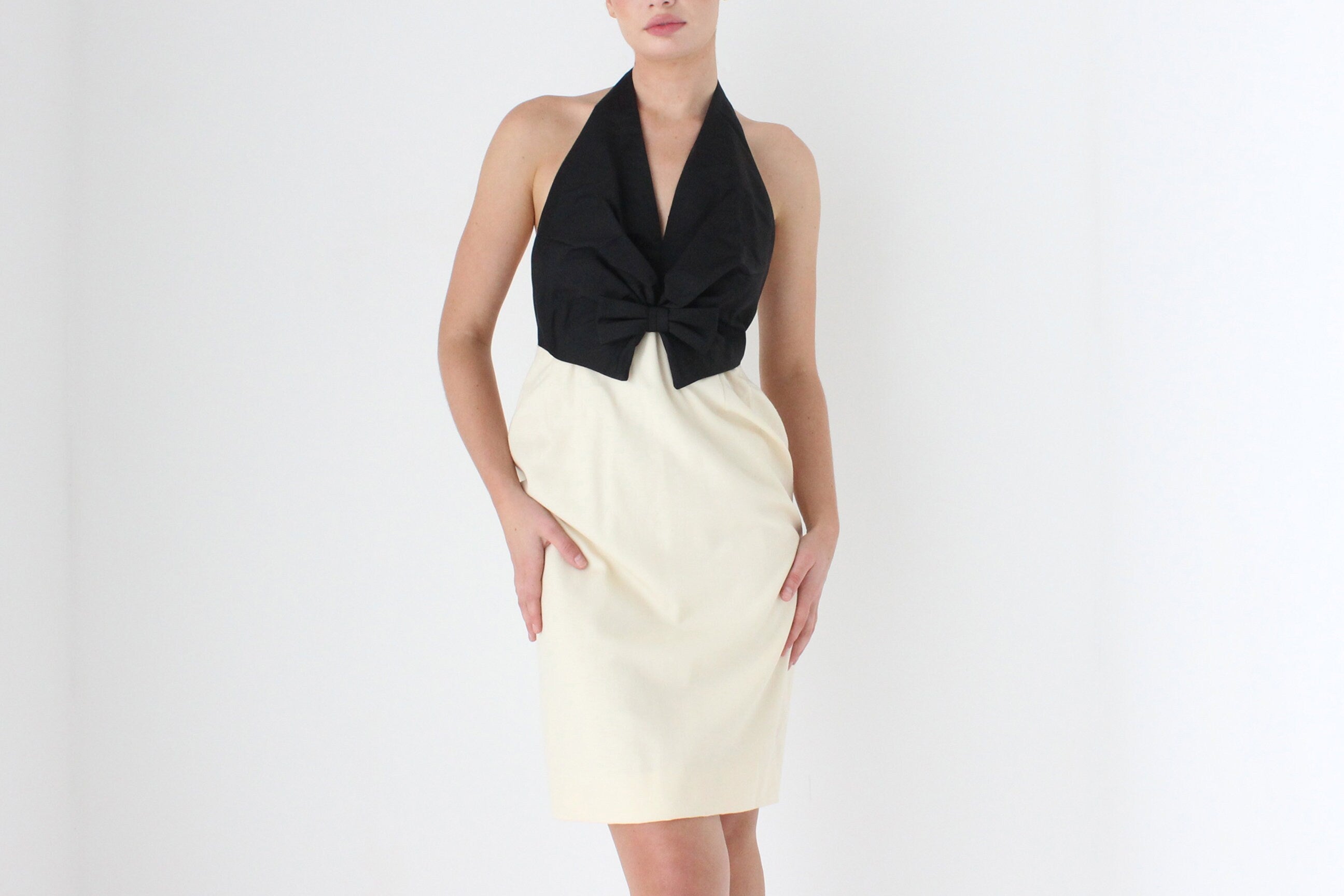 1980s BILL BLASS Silk Taffeta & Cream Wool Backless Tuxedo Cocktail Dress