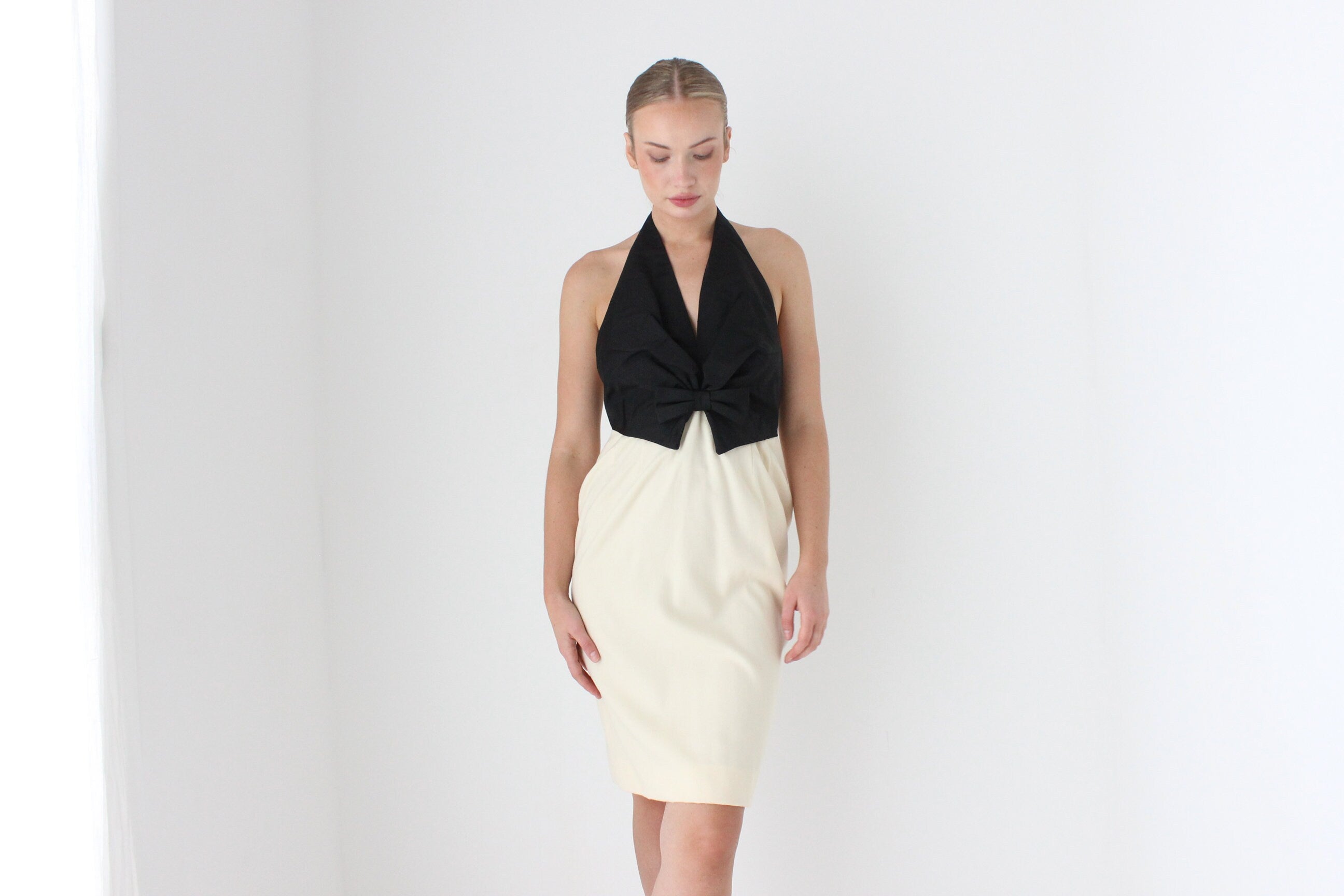 1980s BILL BLASS Silk Taffeta & Cream Wool Backless Tuxedo Cocktail Dress