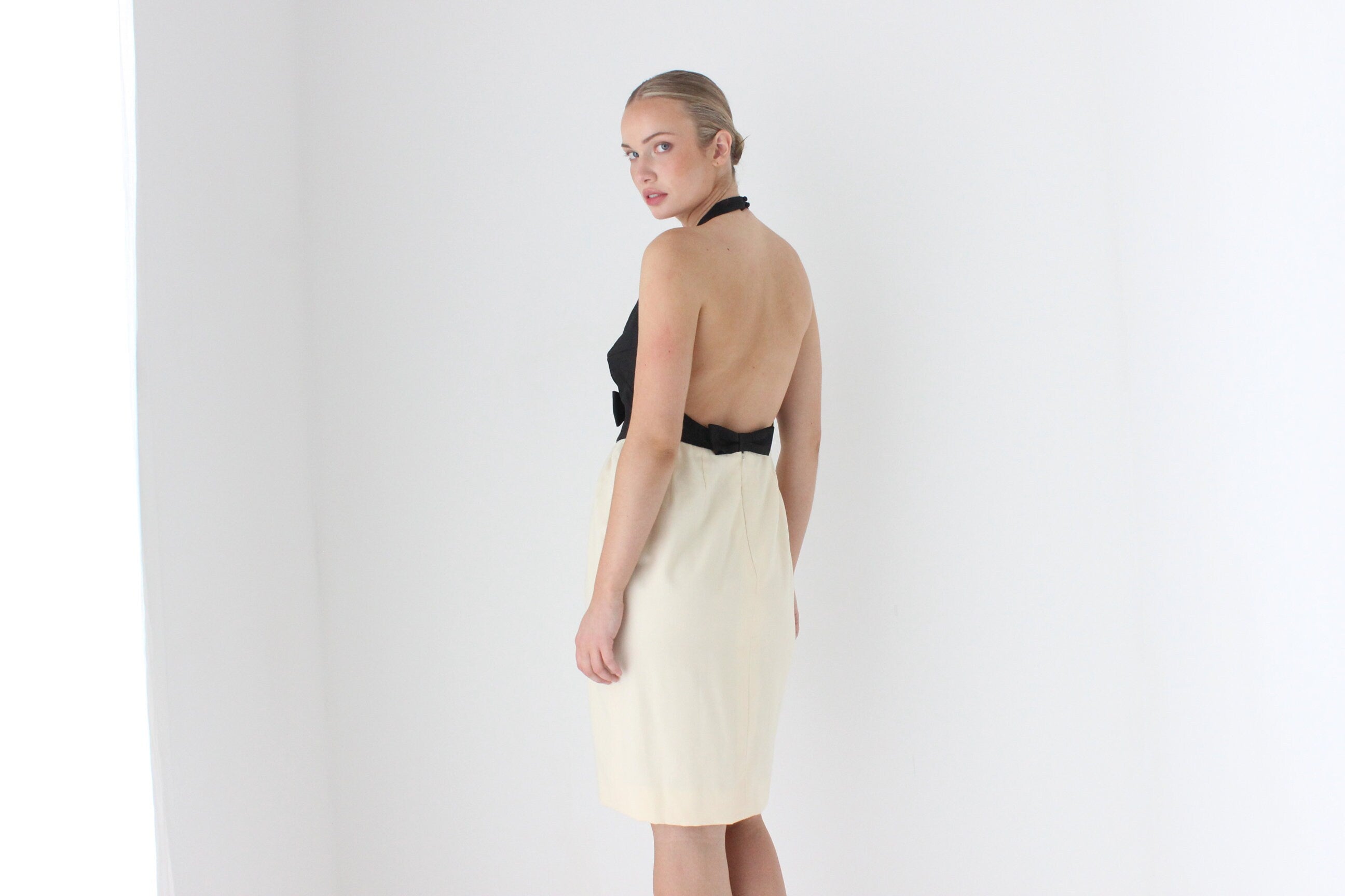 1980s BILL BLASS Silk Taffeta & Cream Wool Backless Tuxedo Cocktail Dress