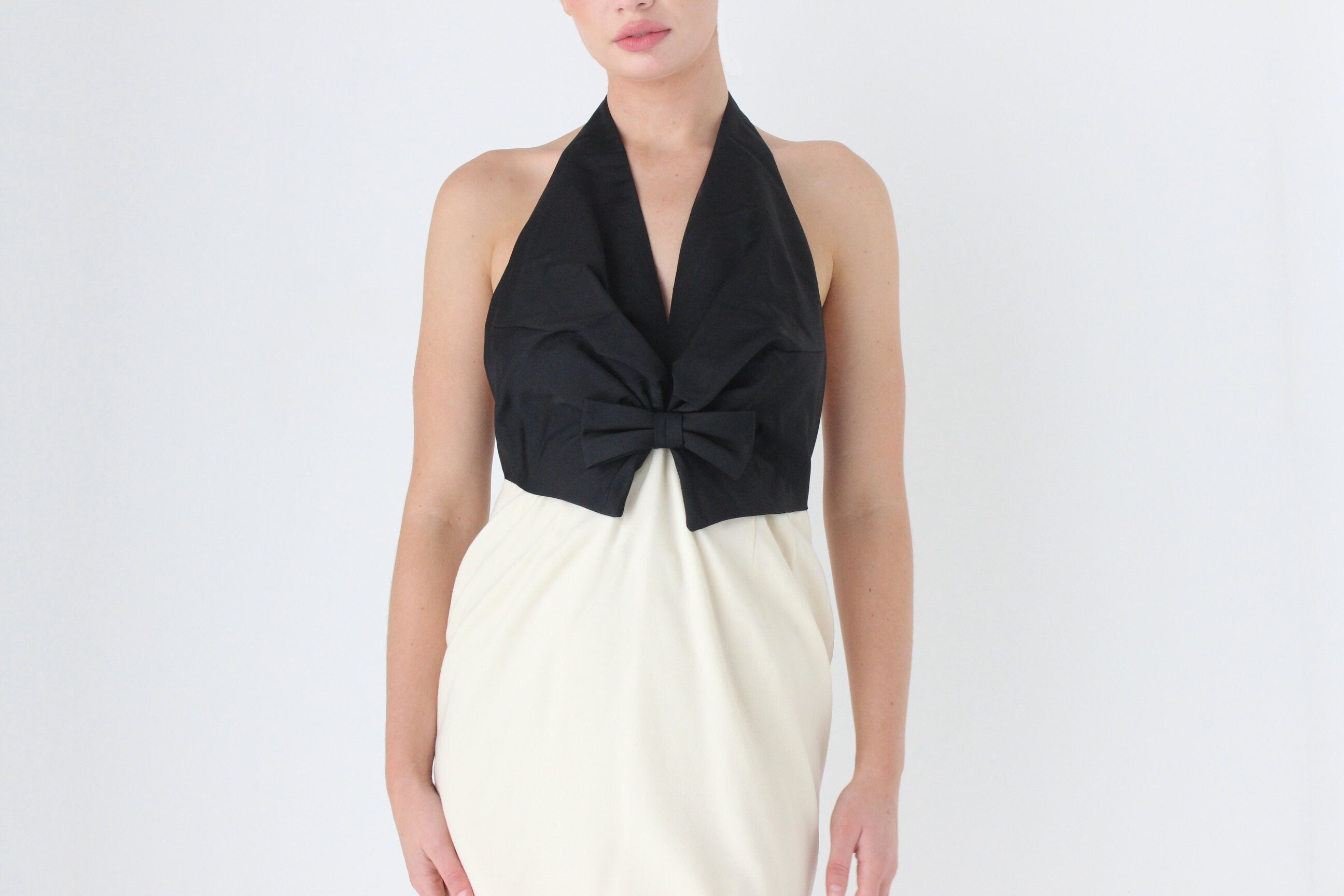1980s BILL BLASS Silk Taffeta & Cream Wool Backless Tuxedo Cocktail Dress