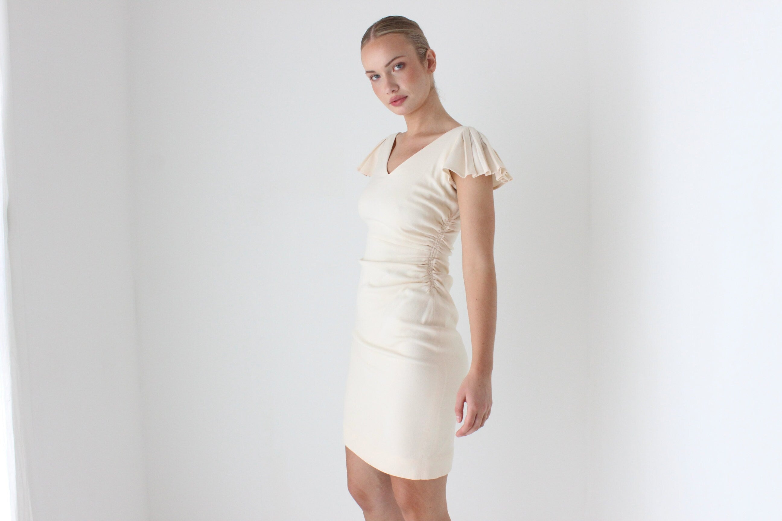1990s VALENTINO Pure Wool Fitted Ruffle Mini Dress