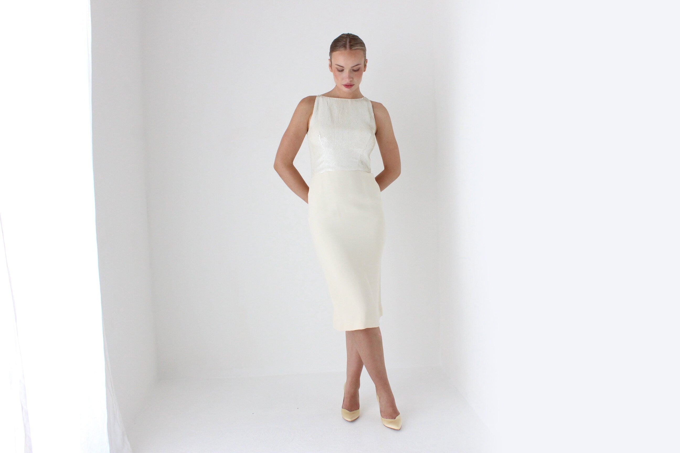1990s VERA WANG Sequin & Silk Fitted Wedding Cocktail Dress