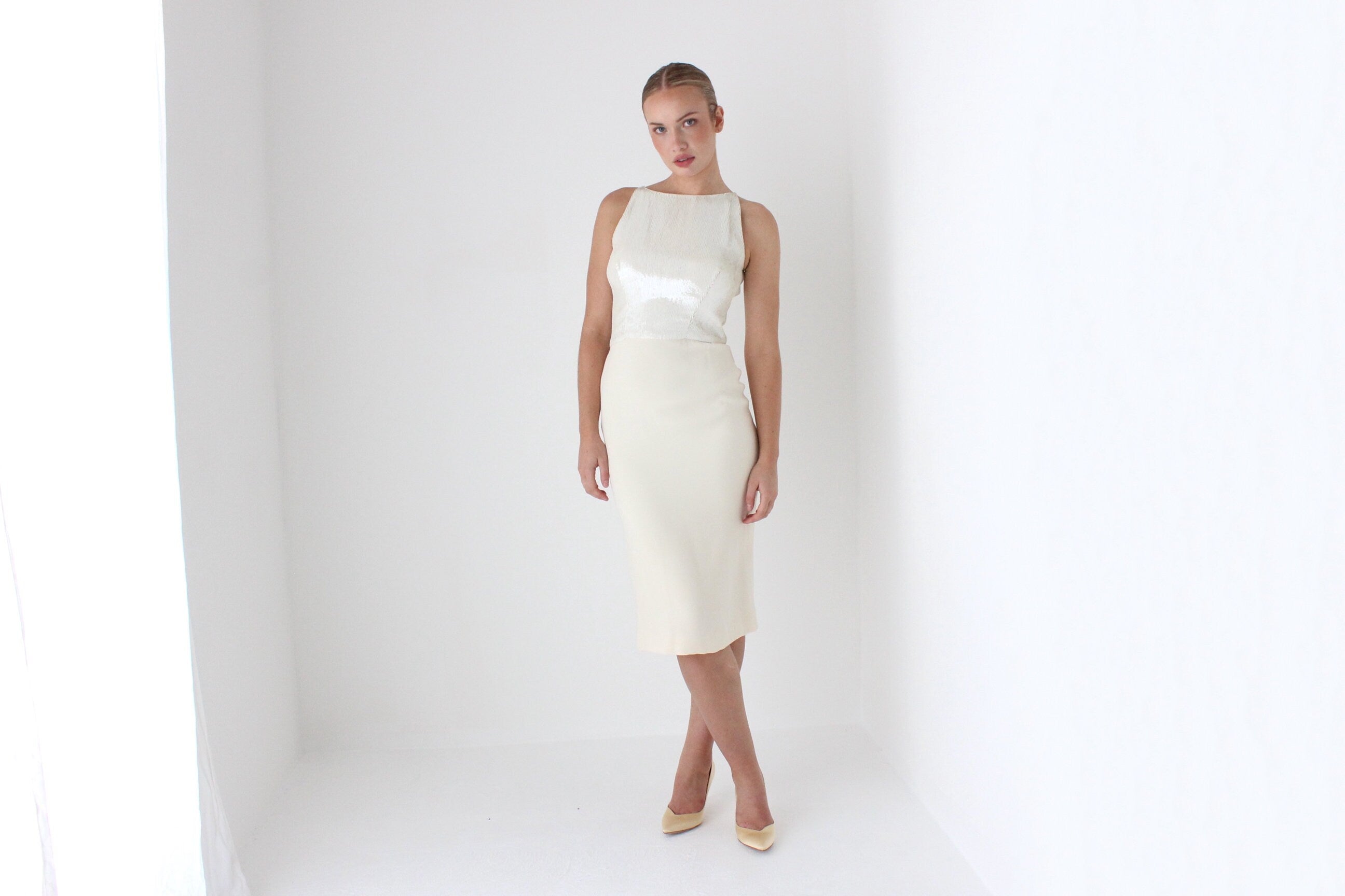 1990s VERA WANG Sequin & Silk Fitted Wedding Cocktail Dress