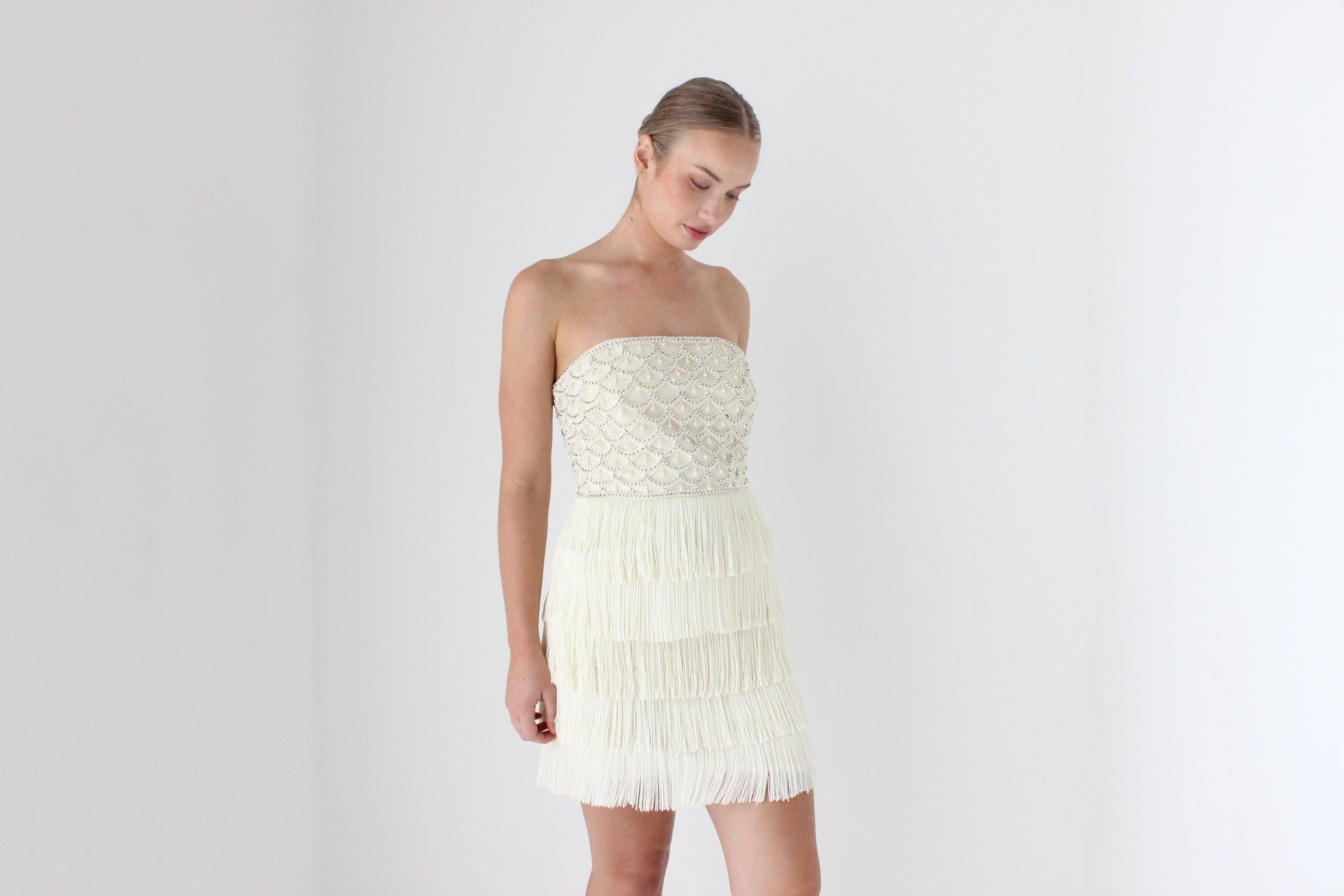 2000s Designer Cocktail Dress w/ Pearl Beading & Fringe