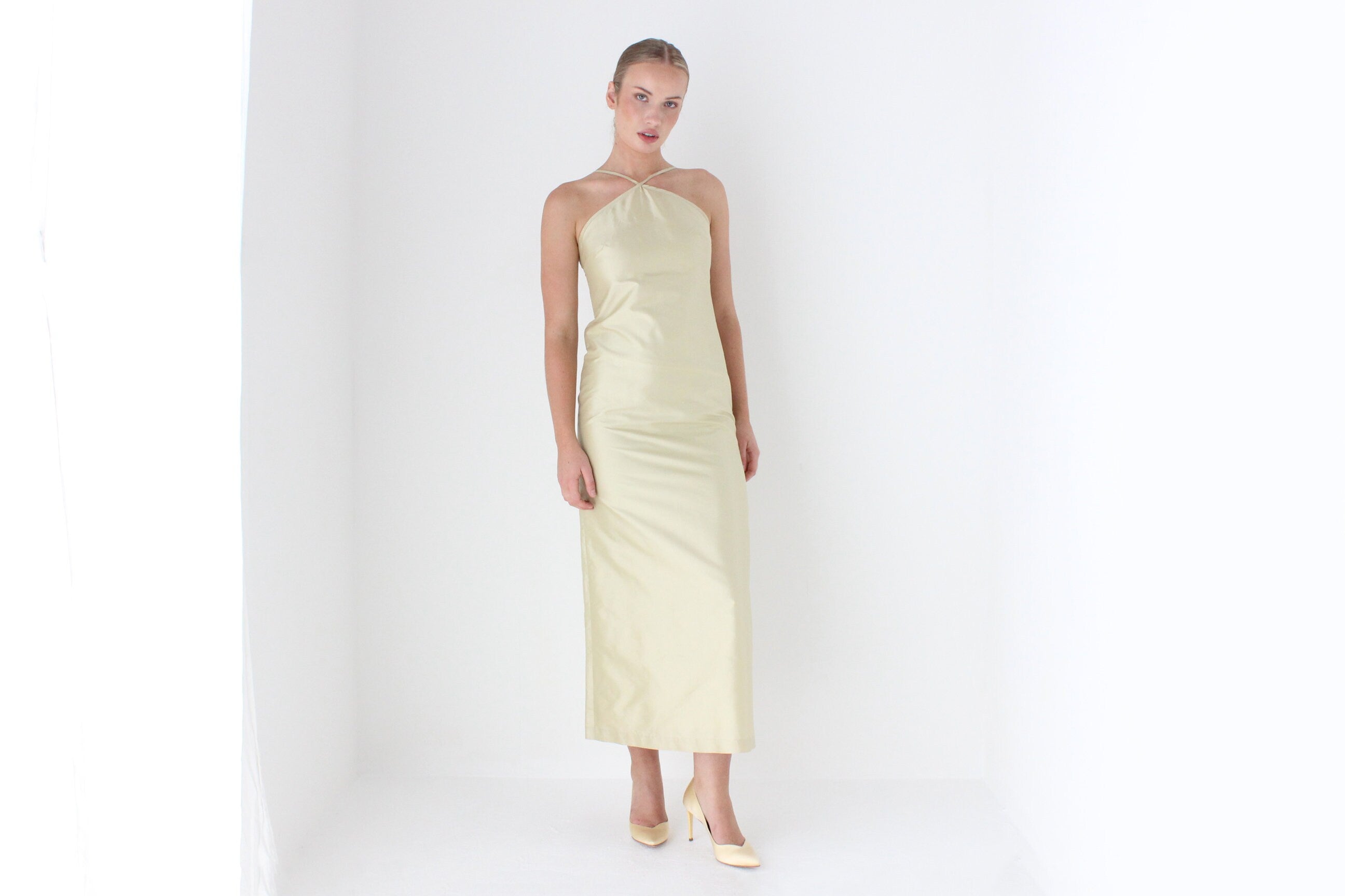 1990s Citrus Silk Taffeta Minimal Halter Gown
