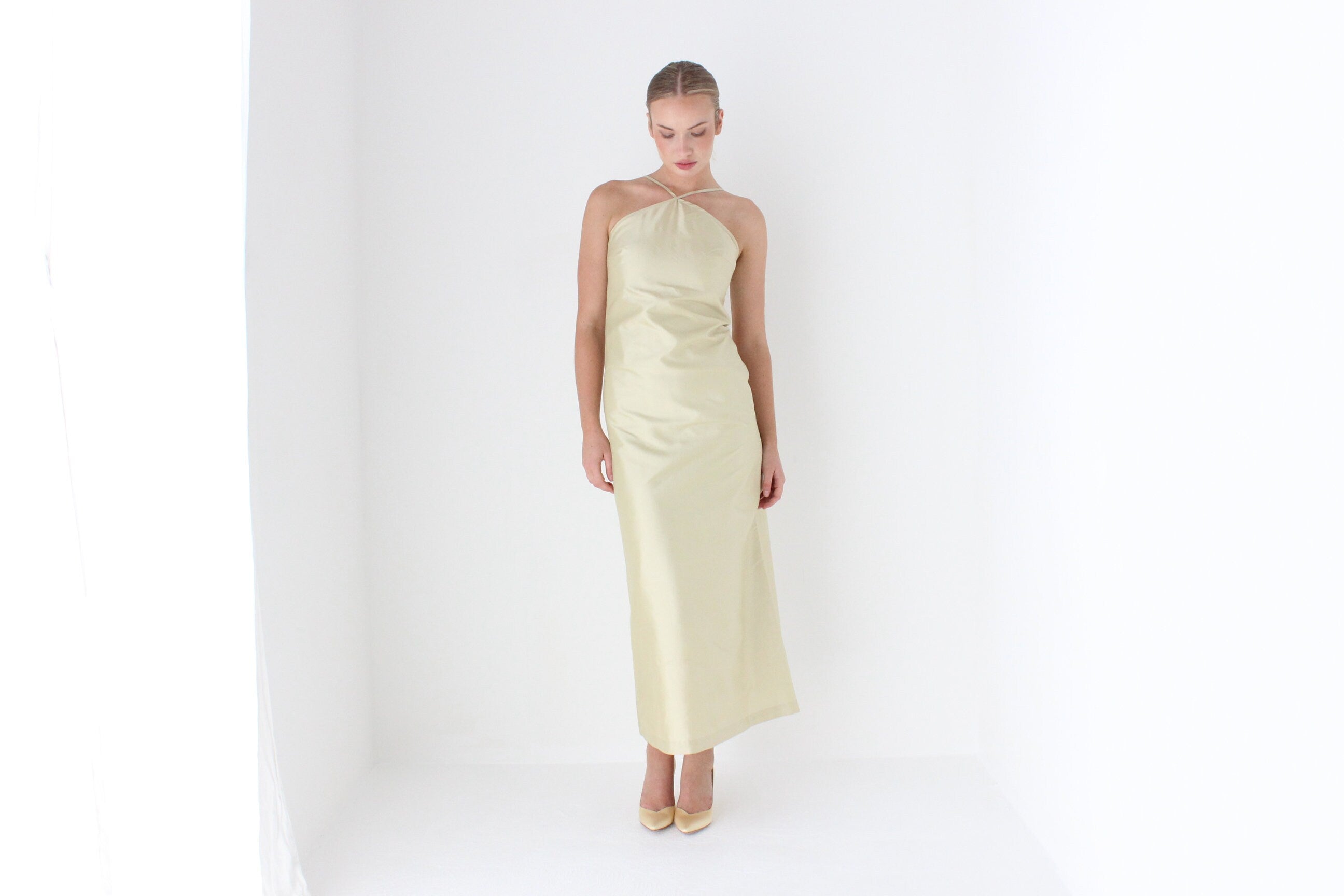 1990s Citrus Silk Taffeta Minimal Halter Gown