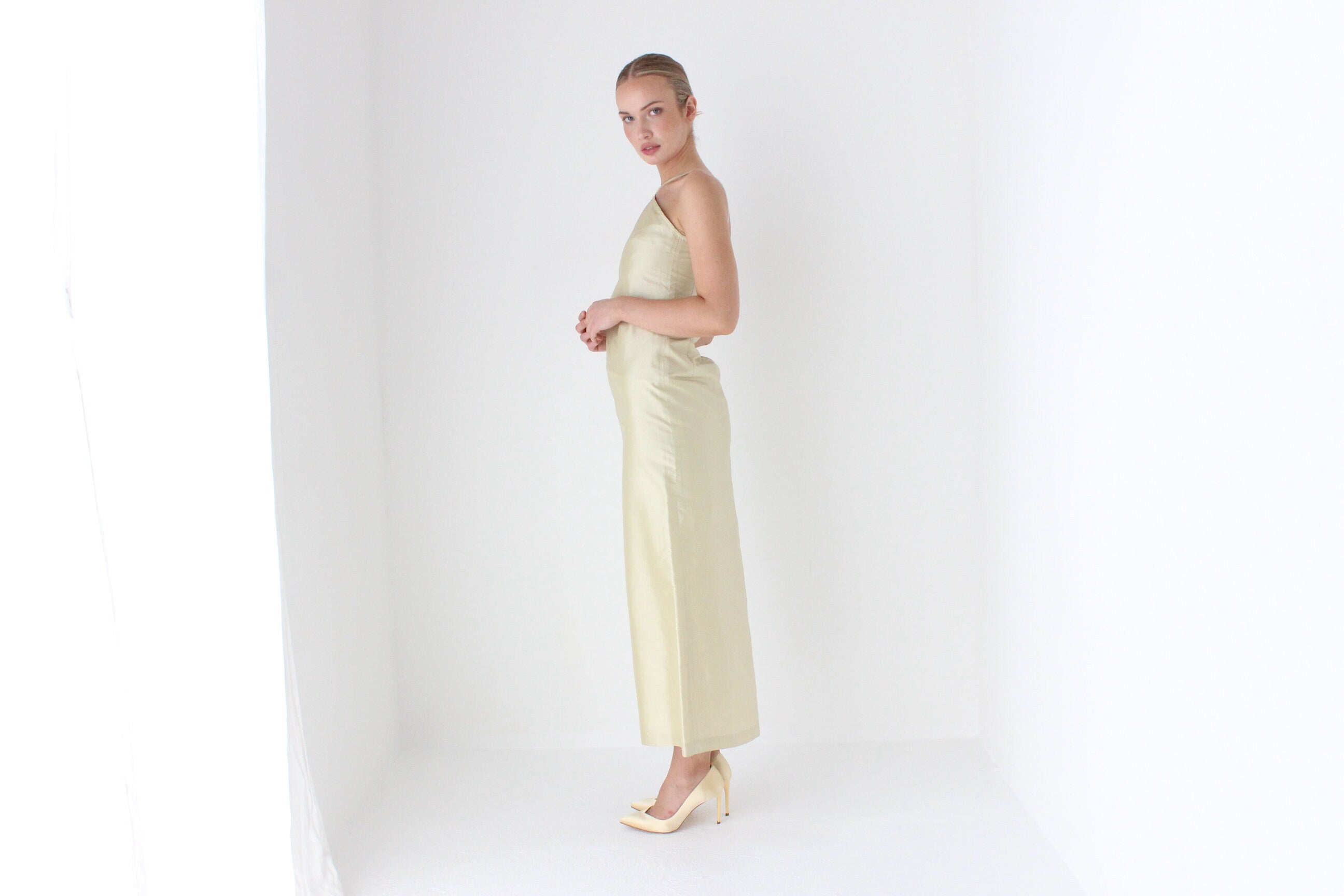 1990s Citrus Silk Taffeta Minimal Halter Gown