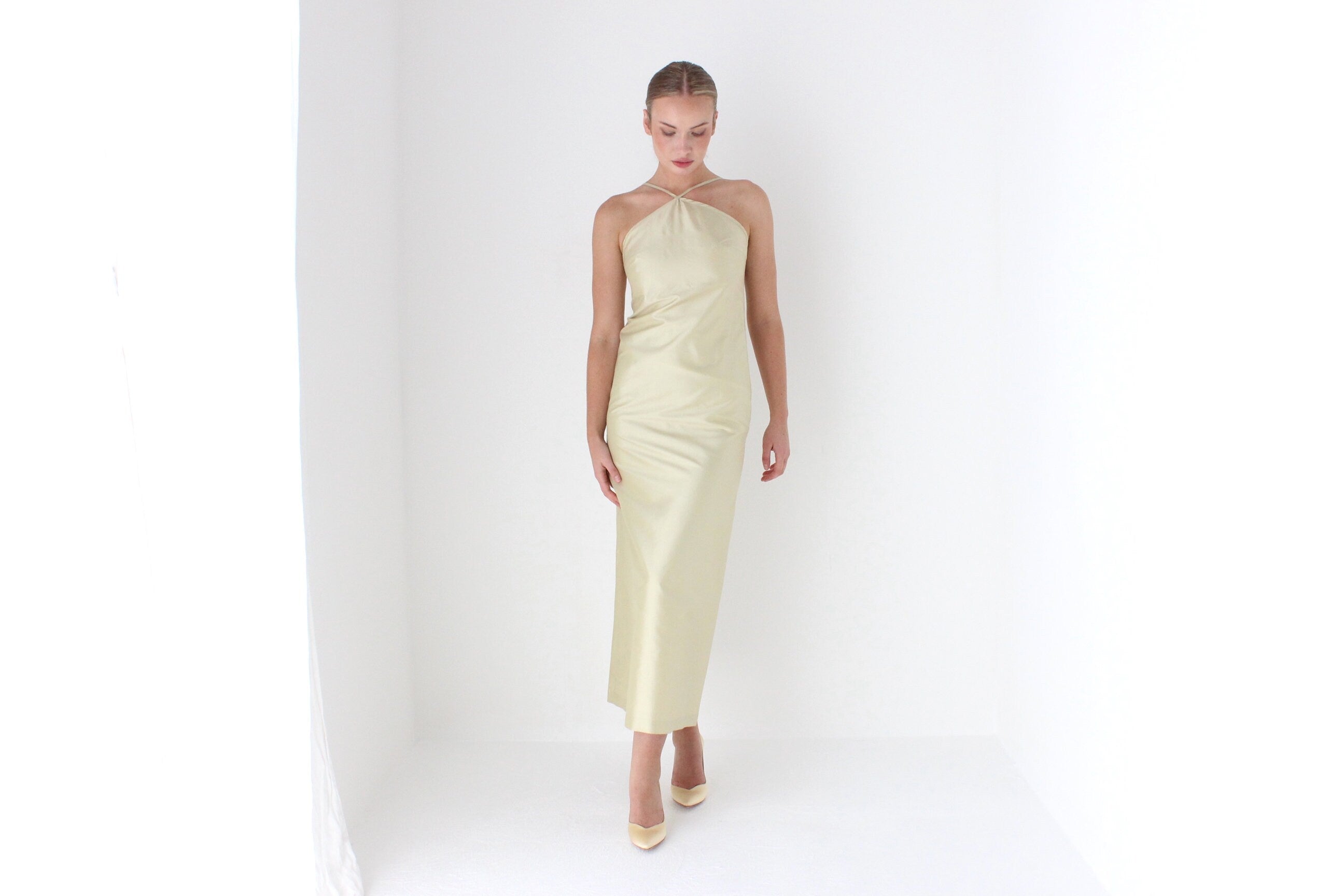 1990s Citrus Silk Taffeta Minimal Halter Gown