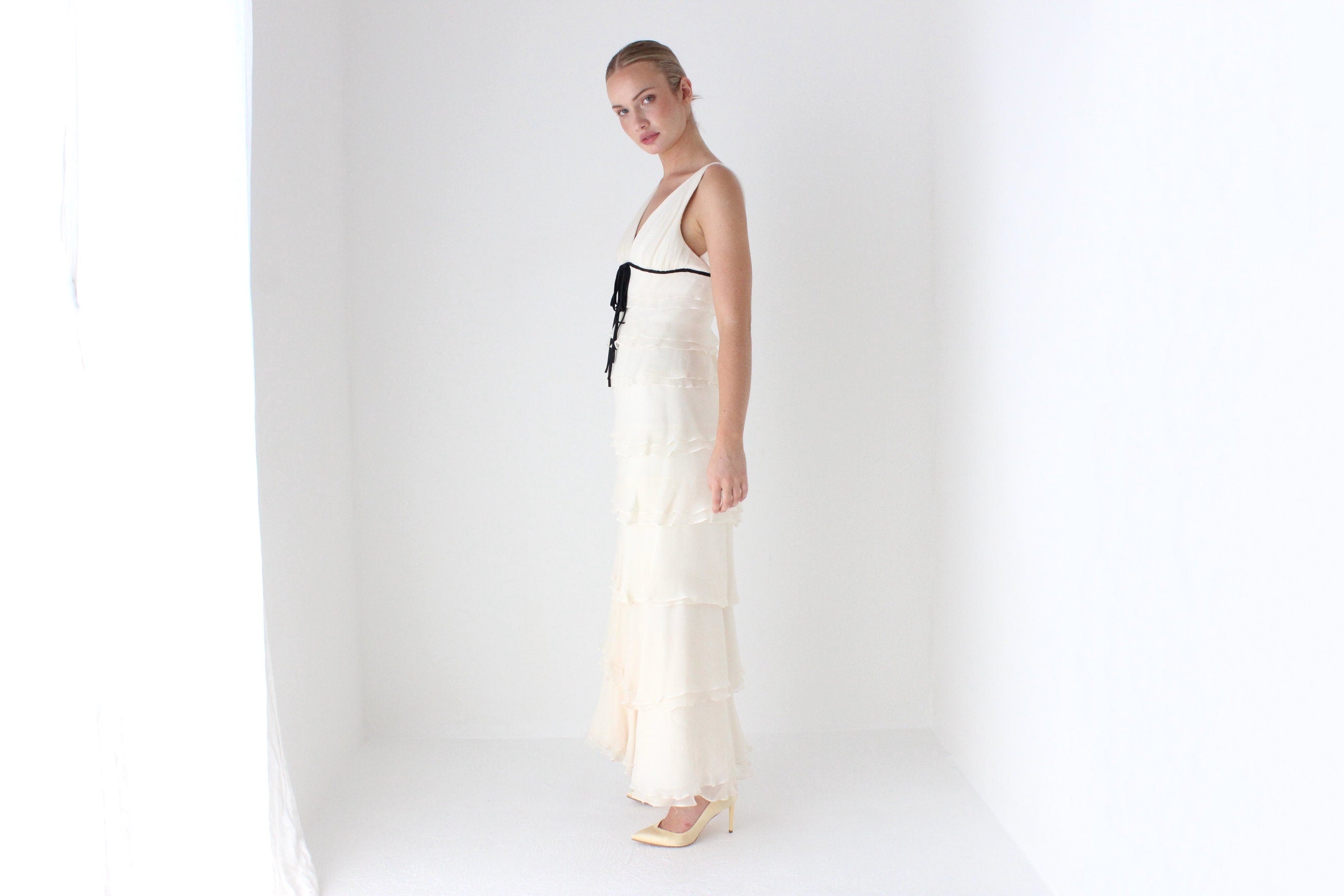 1990s Melinda Eng Romantic Cascading Silk Ruffle Wedding Gown