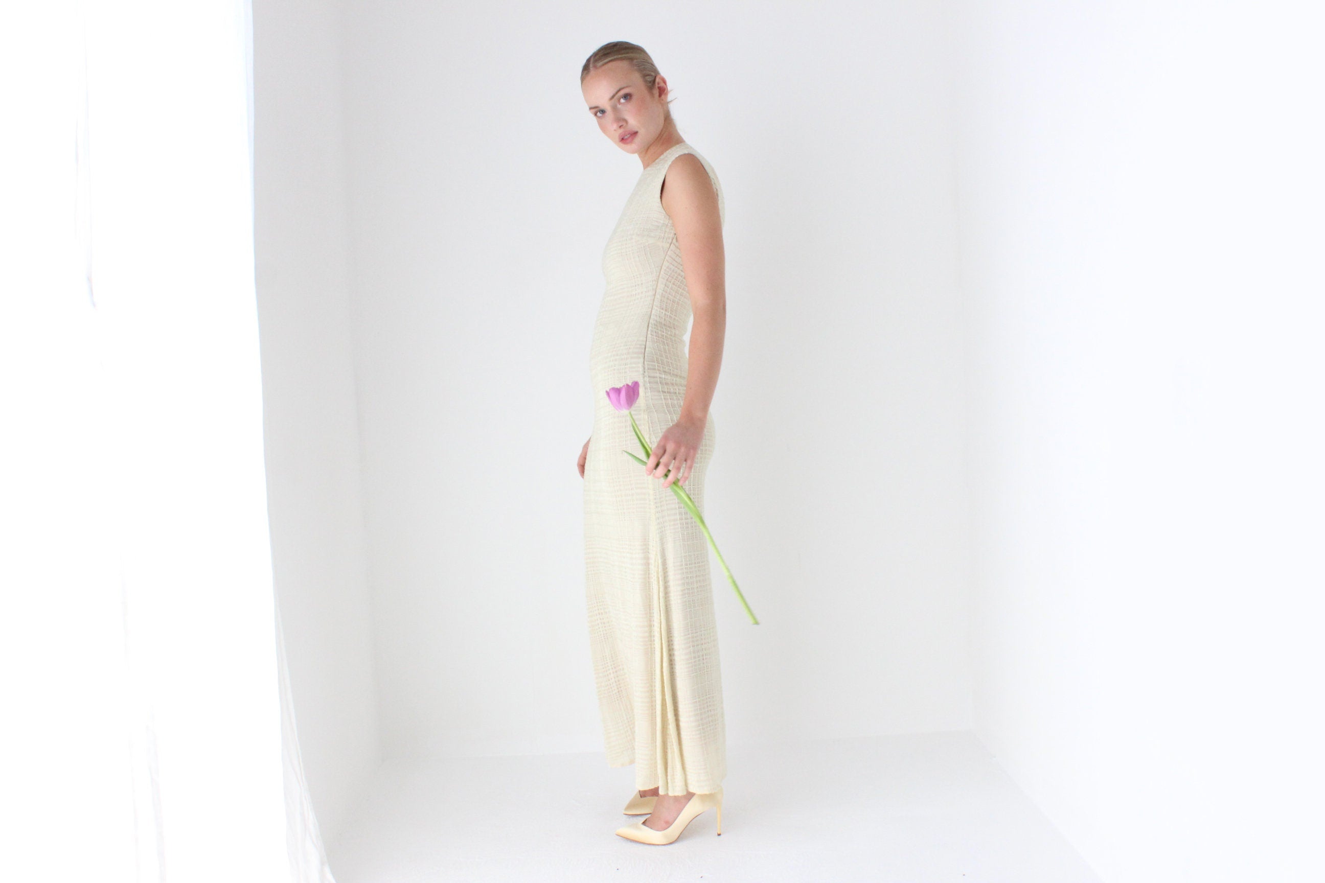 1990s Neutral Beaded Heavy Knit Designer Gown