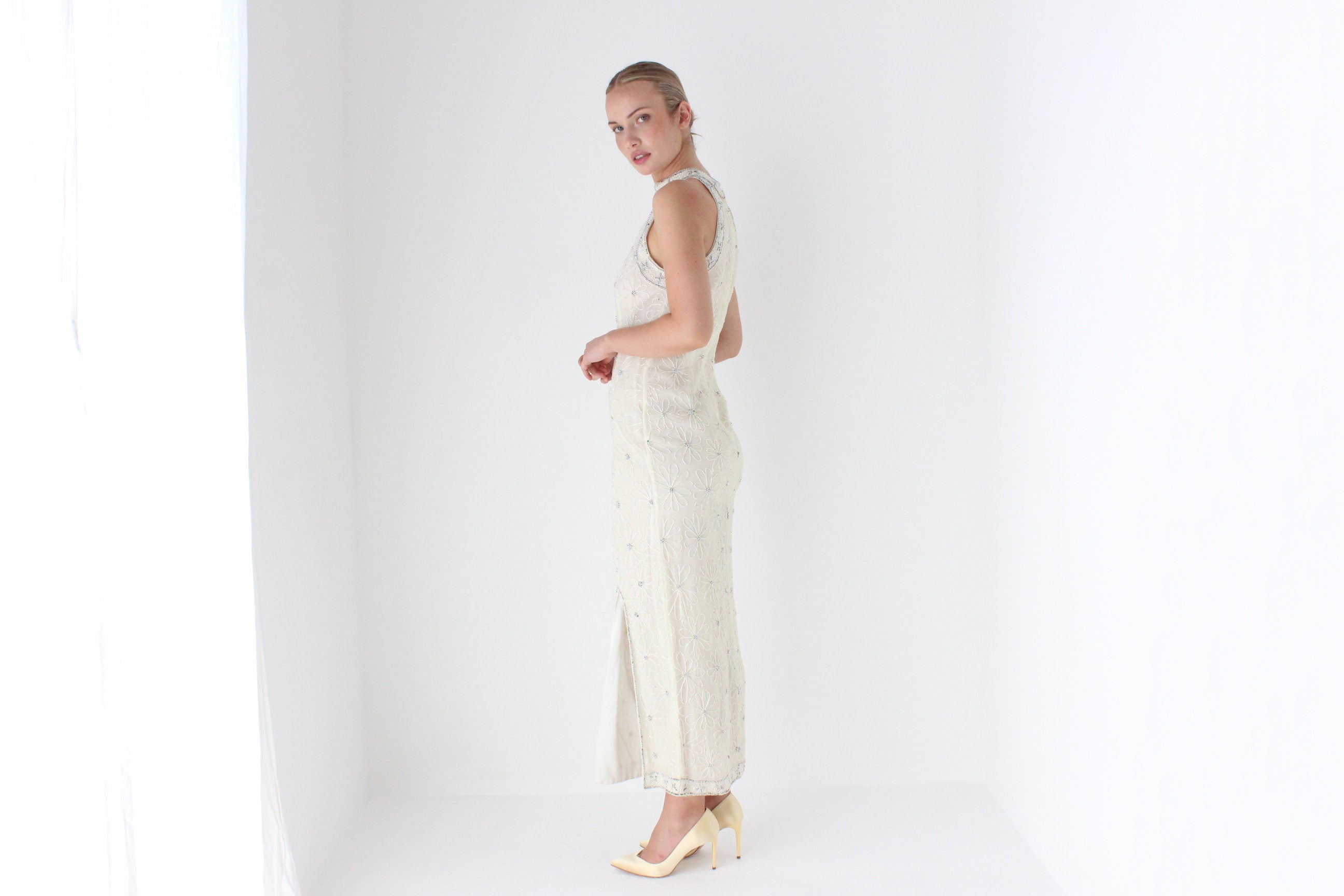 1980s Sequin Flower High Neck Disco Bridal Gown