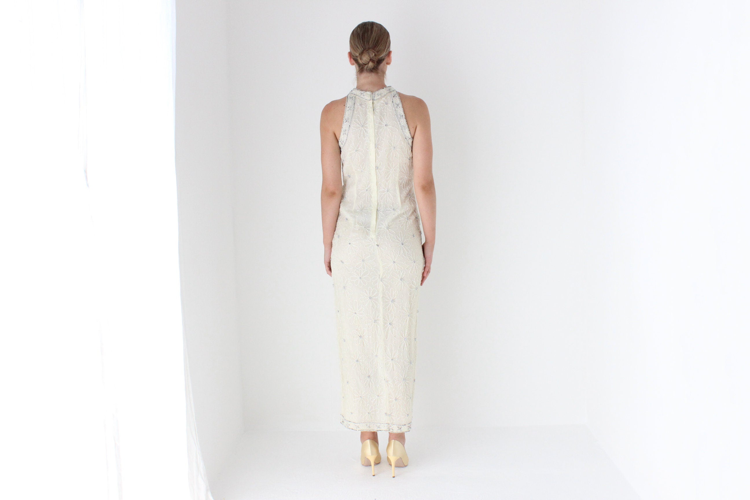 1980s Sequin Flower High Neck Disco Bridal Gown