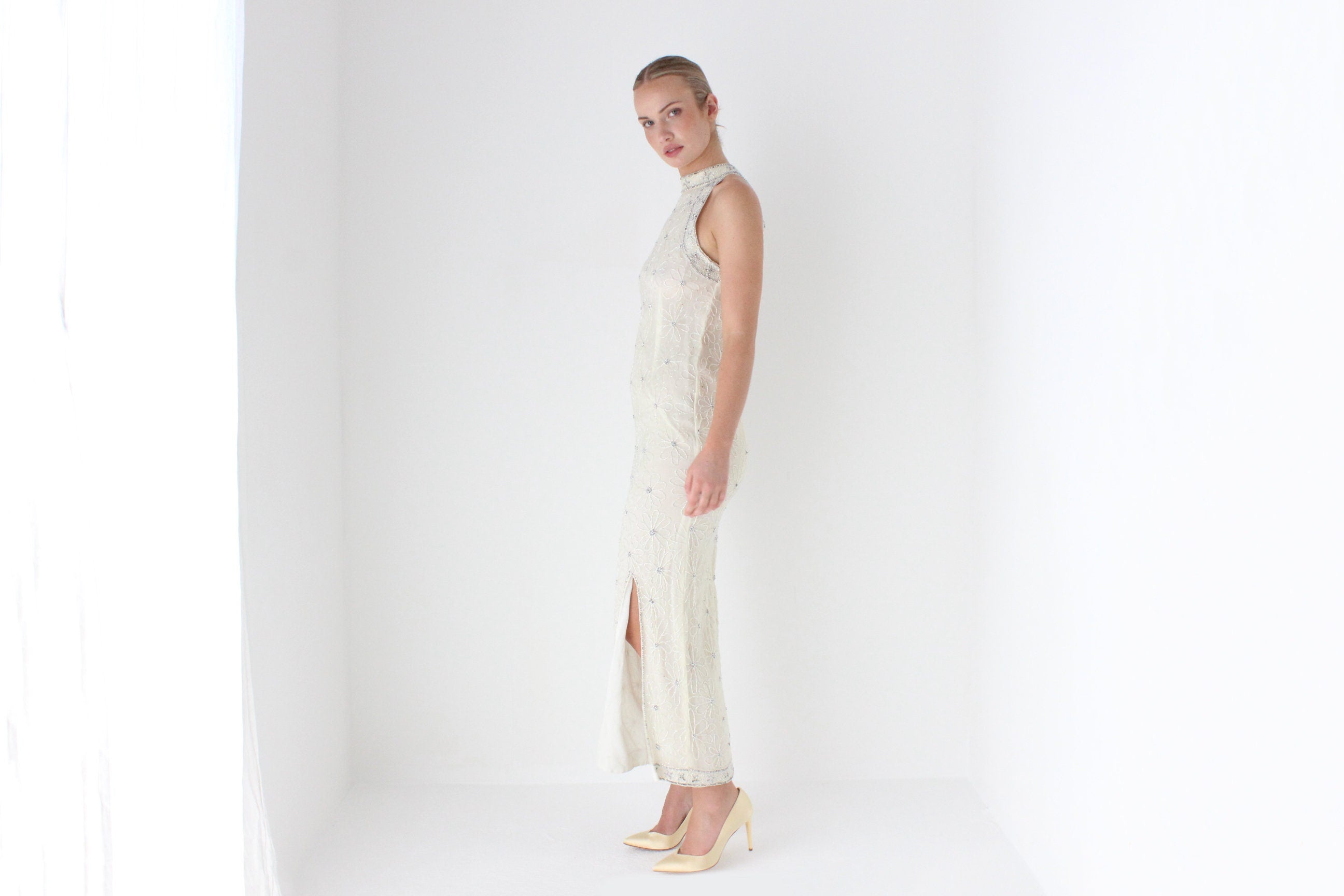 1980s Sequin Flower High Neck Disco Bridal Gown