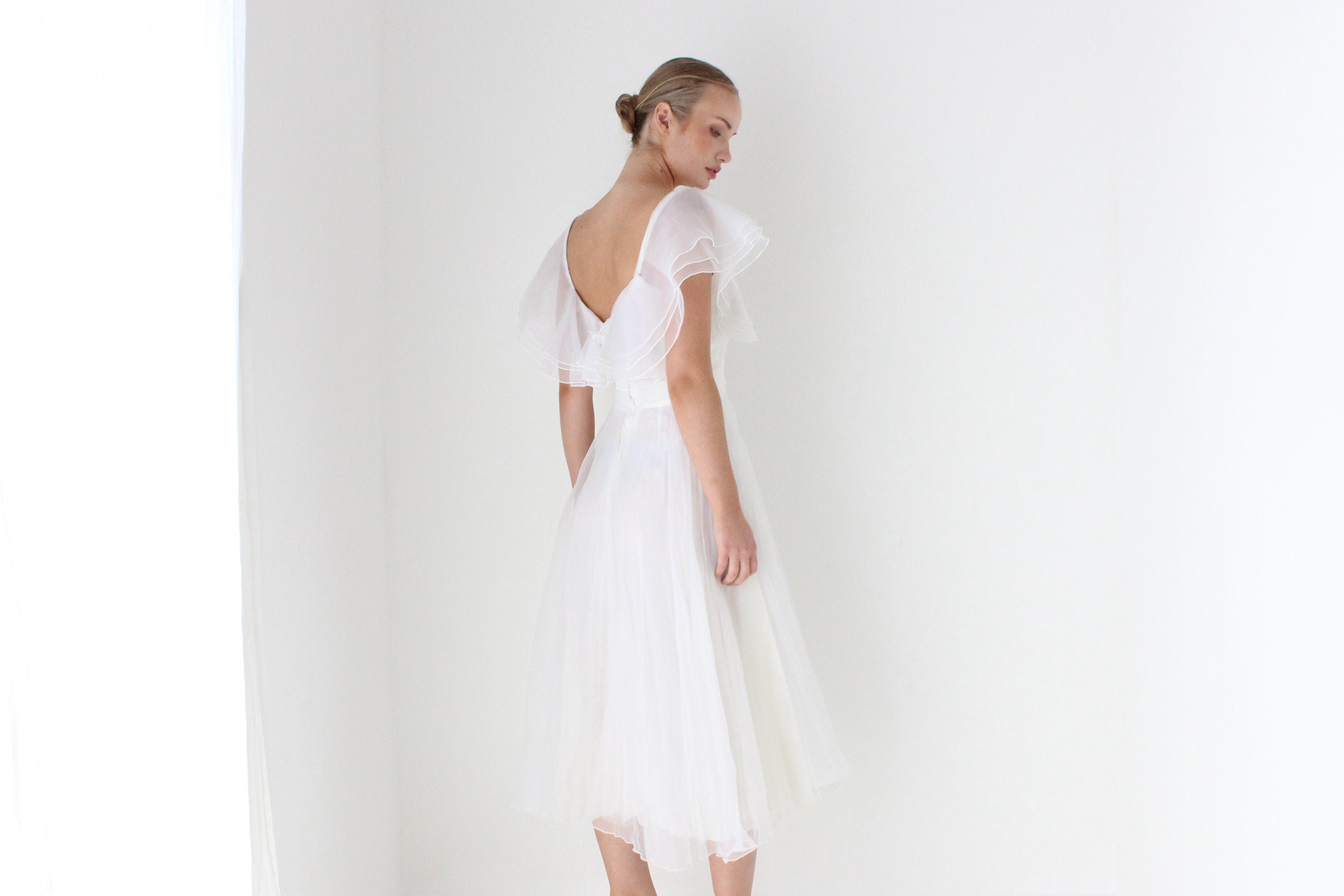 1970s Layered Ivory Organza Ruffle Cocktail Dress