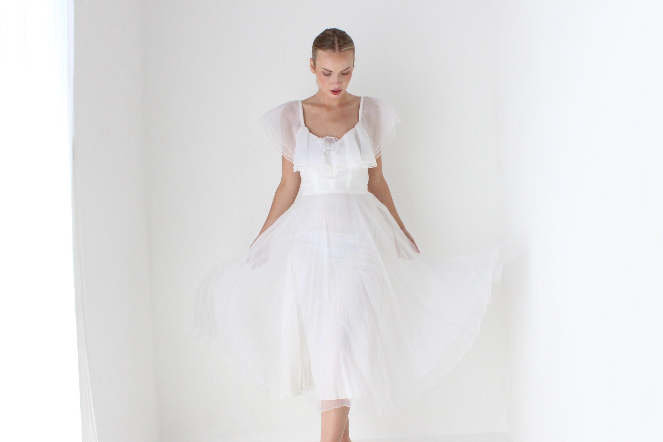1970s Layered Ivory Organza Ruffle Cocktail Dress