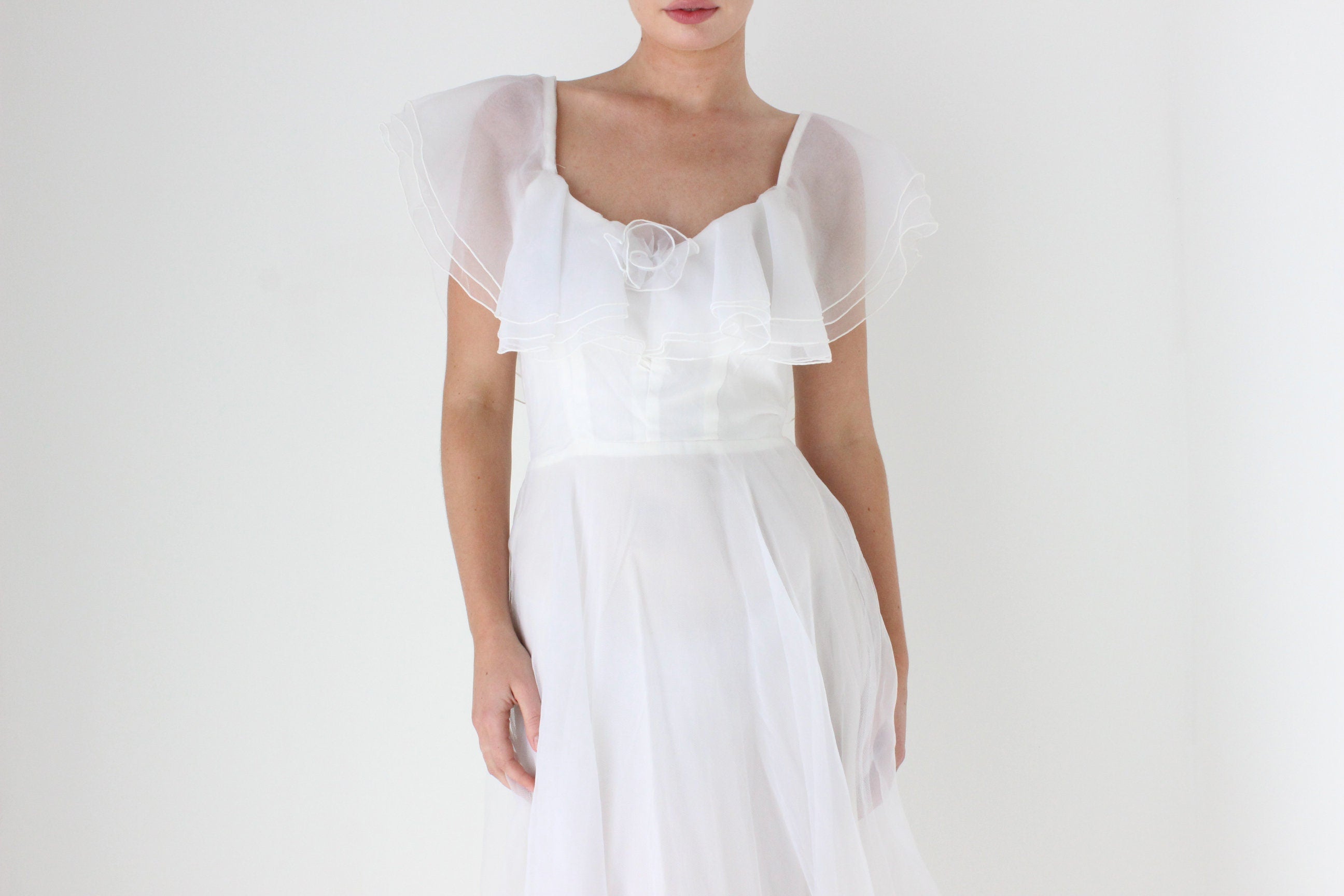 1970s Layered Ivory Organza Ruffle Cocktail Dress